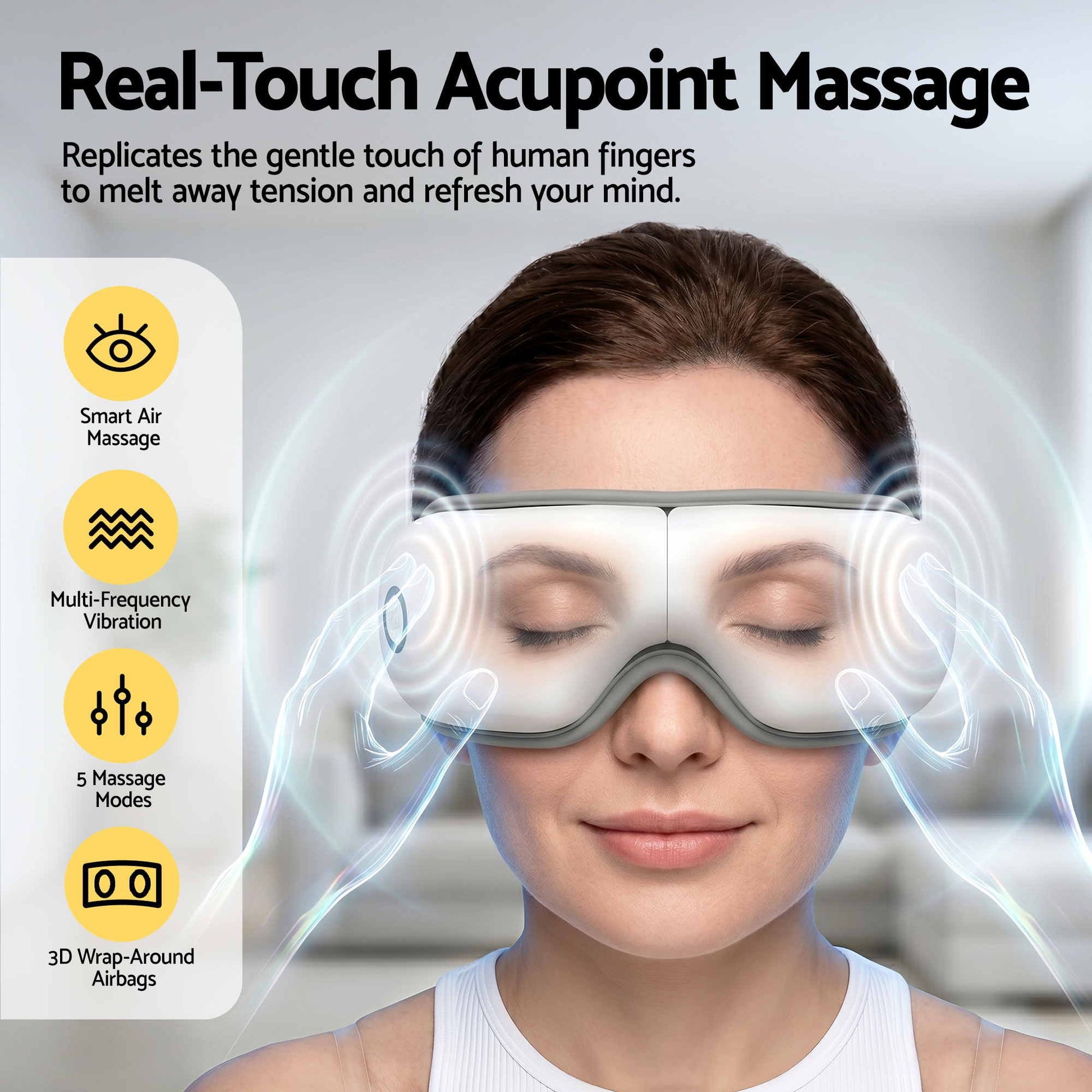 Livemor Eye Massager with Heat & Vibration | 180Â° Foldable Electric Eye Heat Mask with Bluetooth Music for Fatigue Relief | Rechargeable 3D Wrap-Around Temple Massager, White