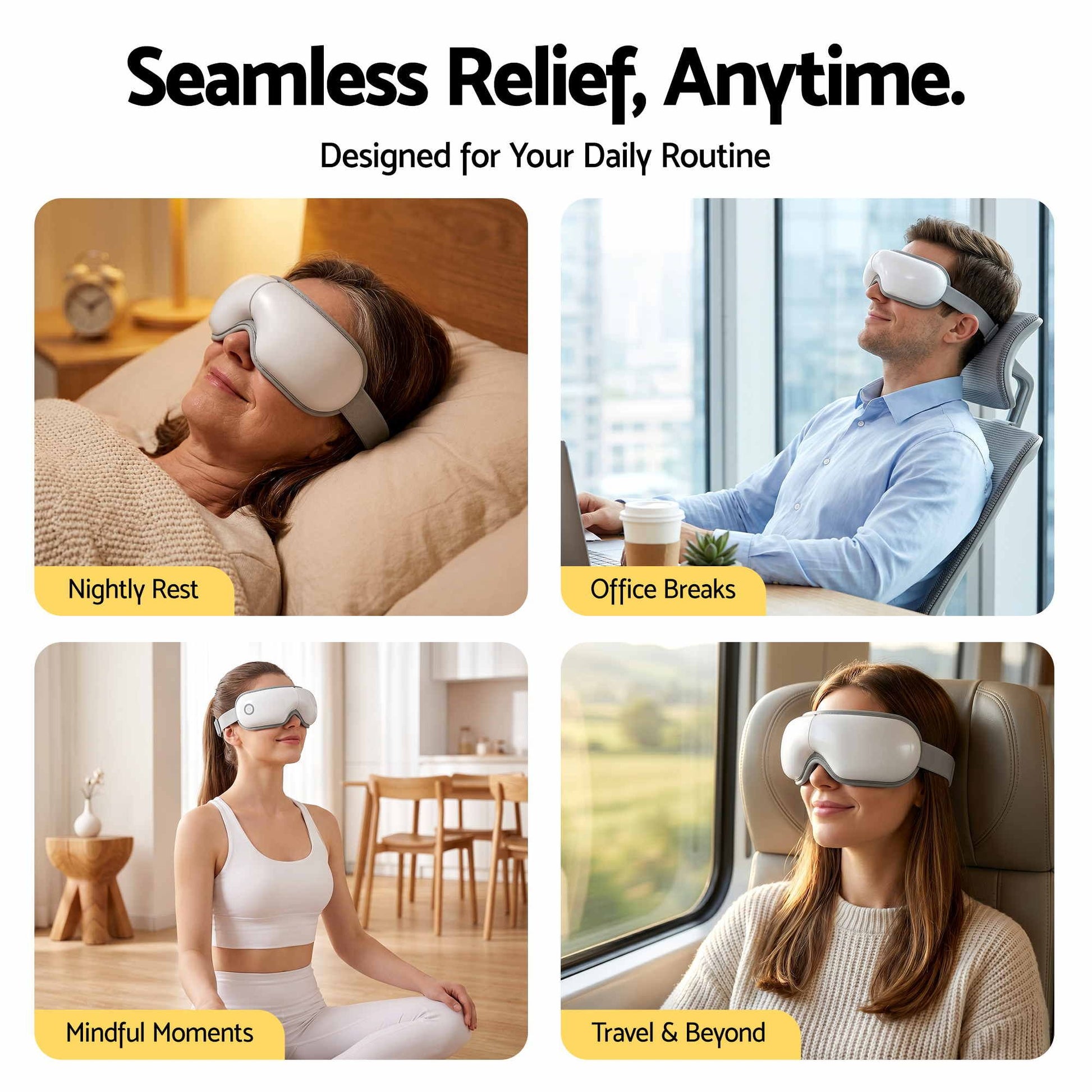 Livemor Eye Massager with Heat & Vibration | 180Â° Foldable Electric Eye Heat Mask with Bluetooth Music for Fatigue Relief | Rechargeable 3D Wrap-Around Temple Massager, White