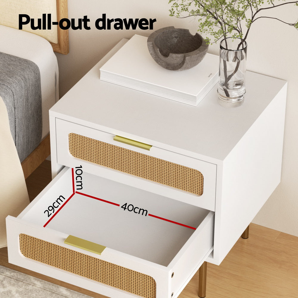 artiss-rattan-bedside-table-2-drawers-pine