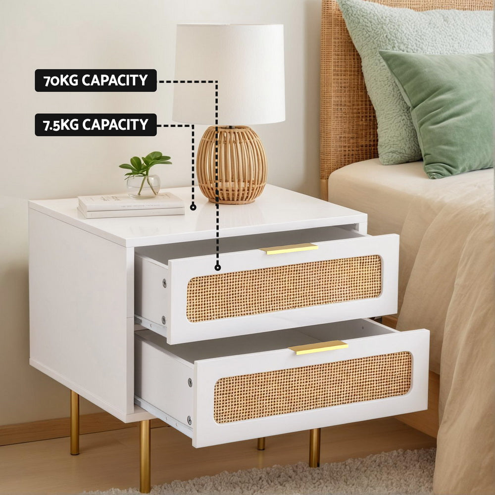 artiss-rattan-bedside-table-2-drawers-pine