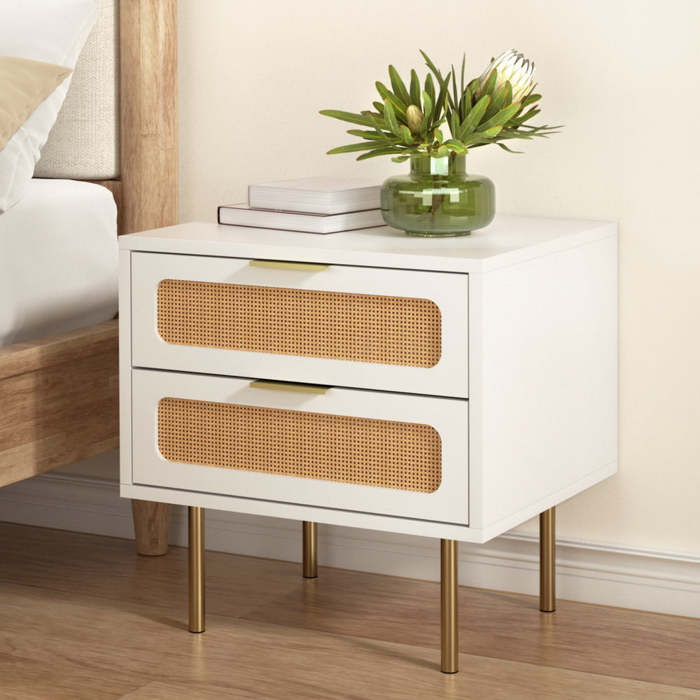 artiss-rattan-bedside-table-2-drawers-pine