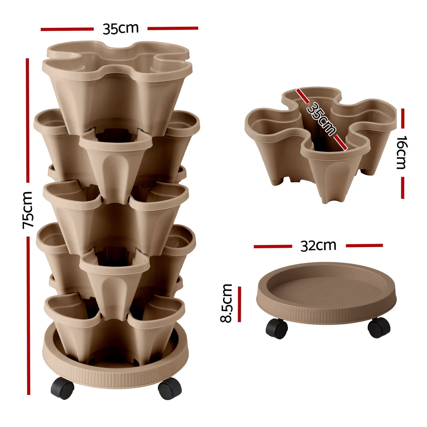 Green Fingers Garden Bed 5 Tier Vertical Garden Grey Strawberry Stackable Planters Herb Petunias Tan