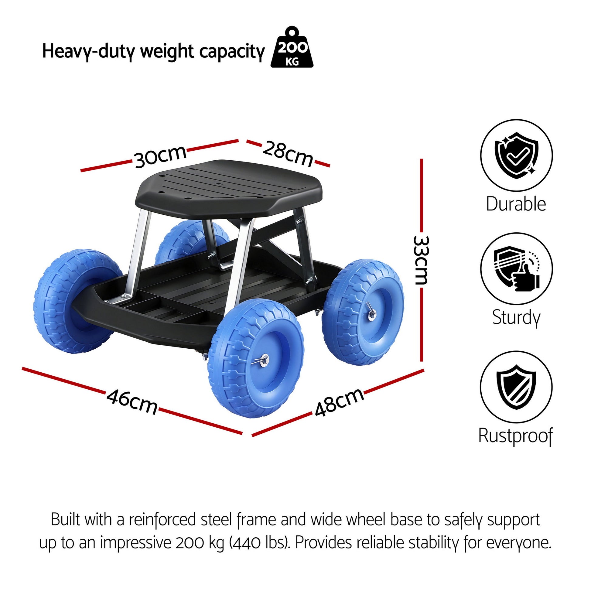 Gardeon Garden Cart Seat with Wheels, Rolling Work Stool with Tool Storage Tray, 440lbs (200kg) Heavy Duty Capacity Garden Stool for Outdoor Yard Work, Car Detailing, and Garage Maintenance, Blue/Black