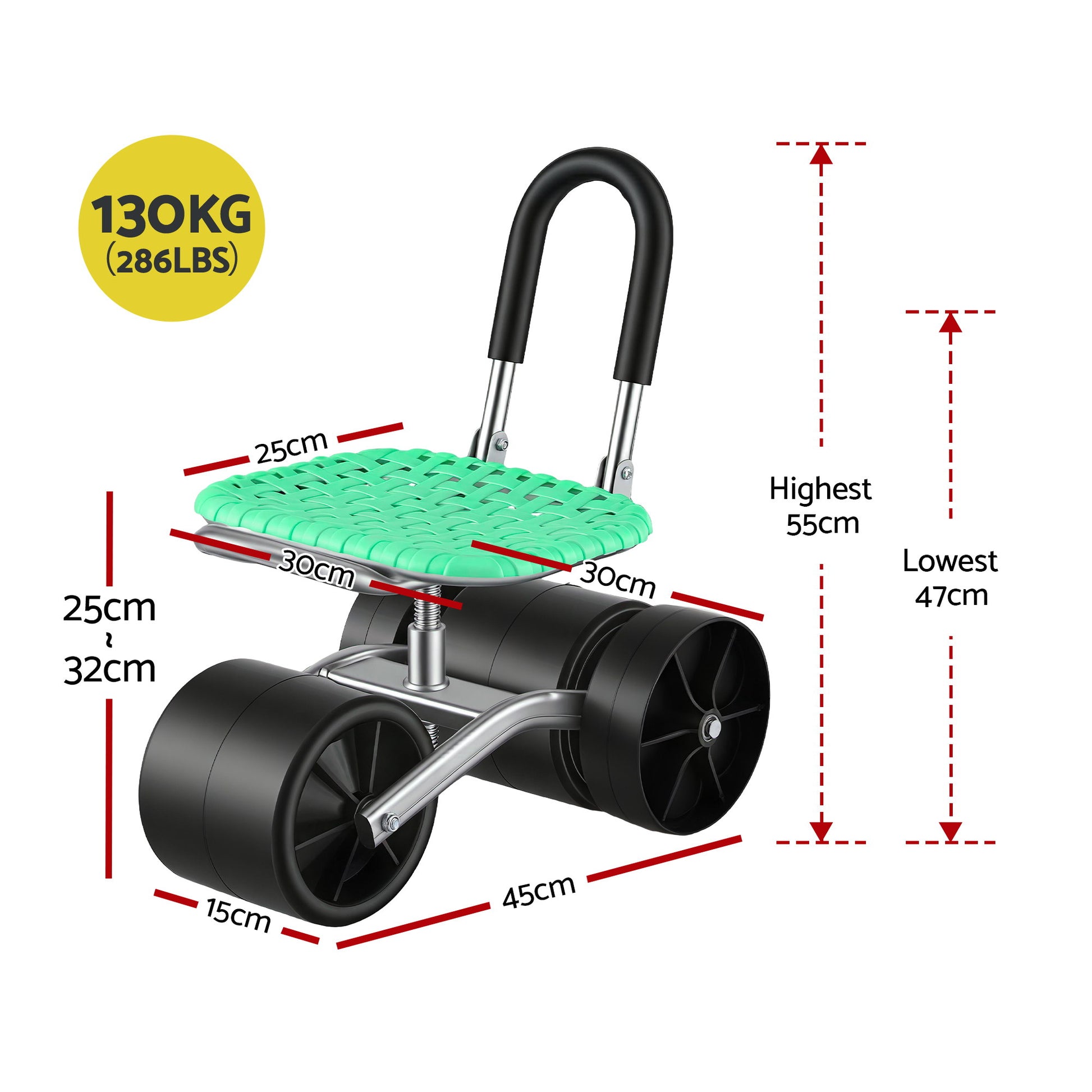 Gardeon Gardening Cart with 360Ã‚Â° Swivel Seat | Rolling Work Seat with Adjustable Height & All-Terrain Wheels | 130KG Capacity Heavy Duty Garden Scooter for Back Pain Relief & Vehicle Detailing | Foldable Backrest & Ventilated Seat, Green