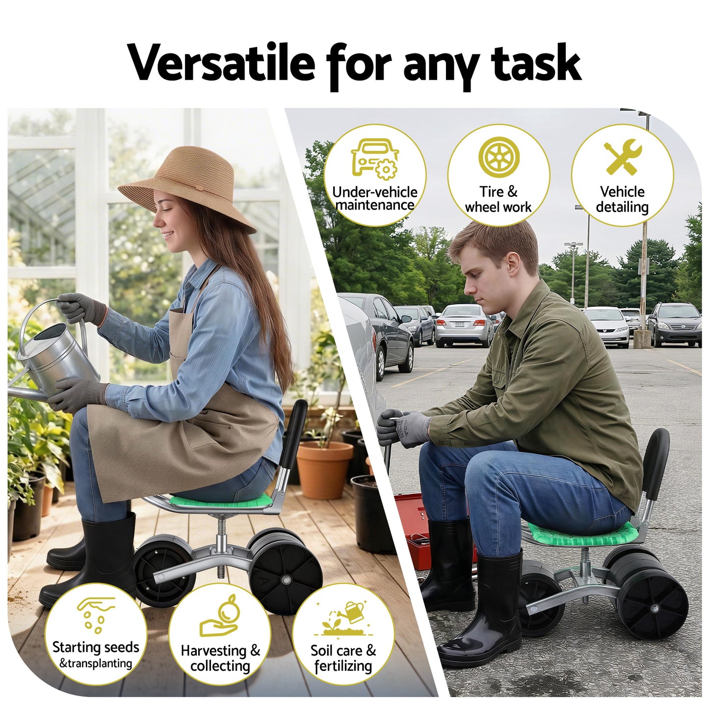 Gardeon Gardening Cart with 360Ã‚Â° Swivel Seat | Rolling Work Seat with Adjustable Height & All-Terrain Wheels | 130KG Capacity Heavy Duty Garden Scooter for Back Pain Relief & Vehicle Detailing | Foldable Backrest & Ventilated Seat, Green