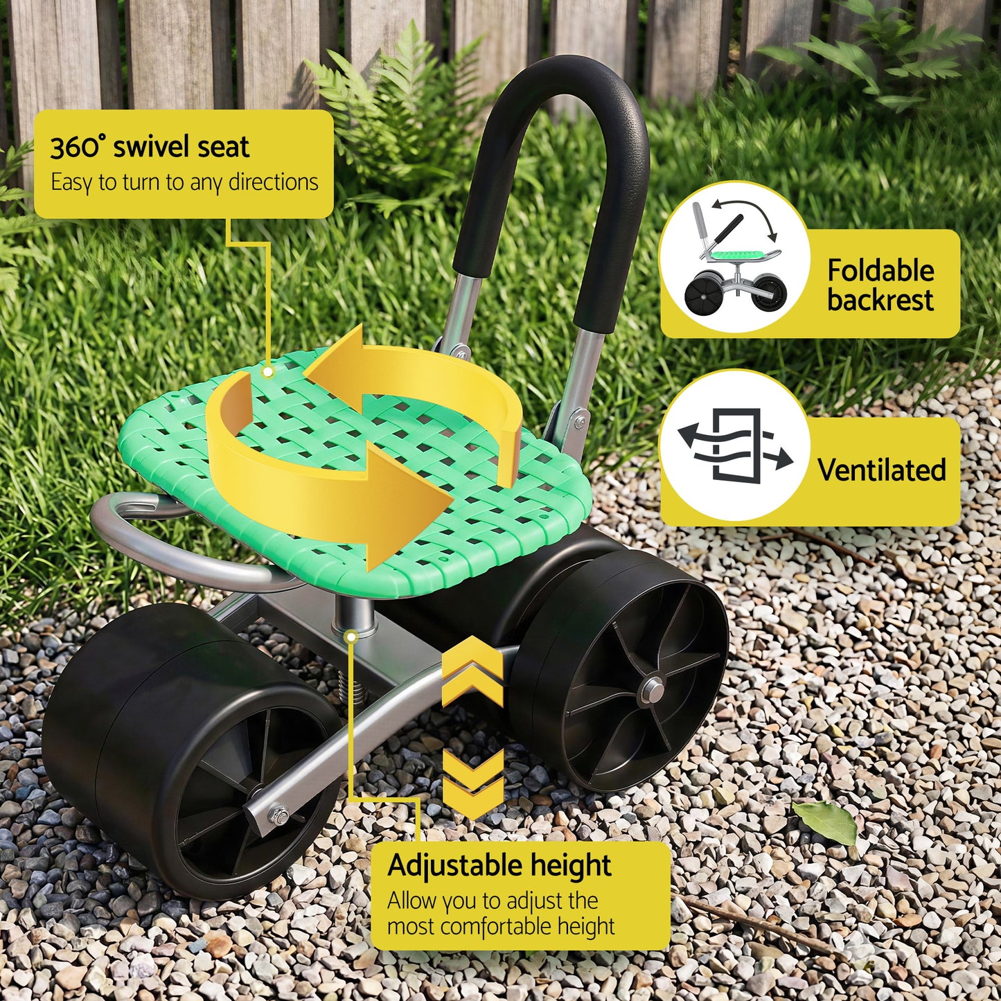 Gardeon Gardening Cart with 360Ã‚Â° Swivel Seat | Rolling Work Seat with Adjustable Height & All-Terrain Wheels | 130KG Capacity Heavy Duty Garden Scooter for Back Pain Relief & Vehicle Detailing | Foldable Backrest & Ventilated Seat, Green