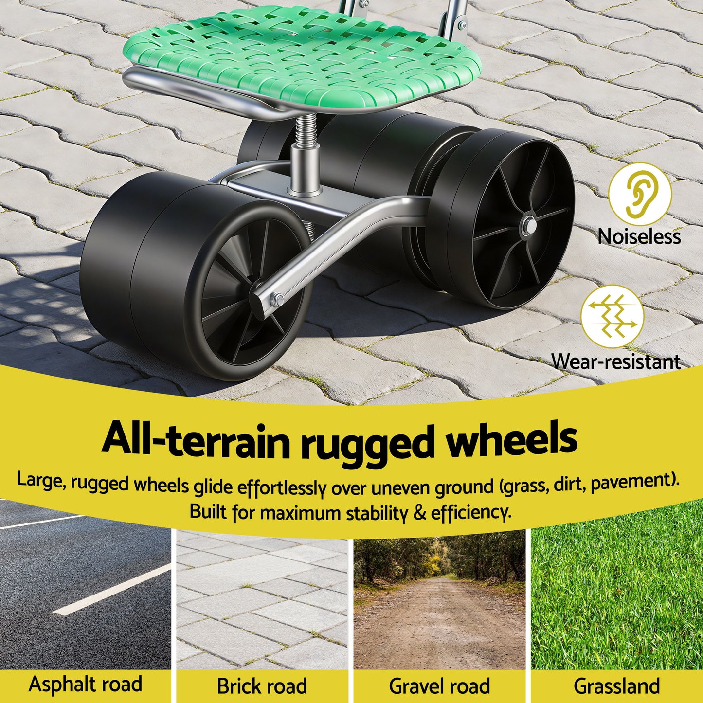 Gardeon Gardening Cart with 360Ã‚Â° Swivel Seat | Rolling Work Seat with Adjustable Height & All-Terrain Wheels | 130KG Capacity Heavy Duty Garden Scooter for Back Pain Relief & Vehicle Detailing | Foldable Backrest & Ventilated Seat, Green