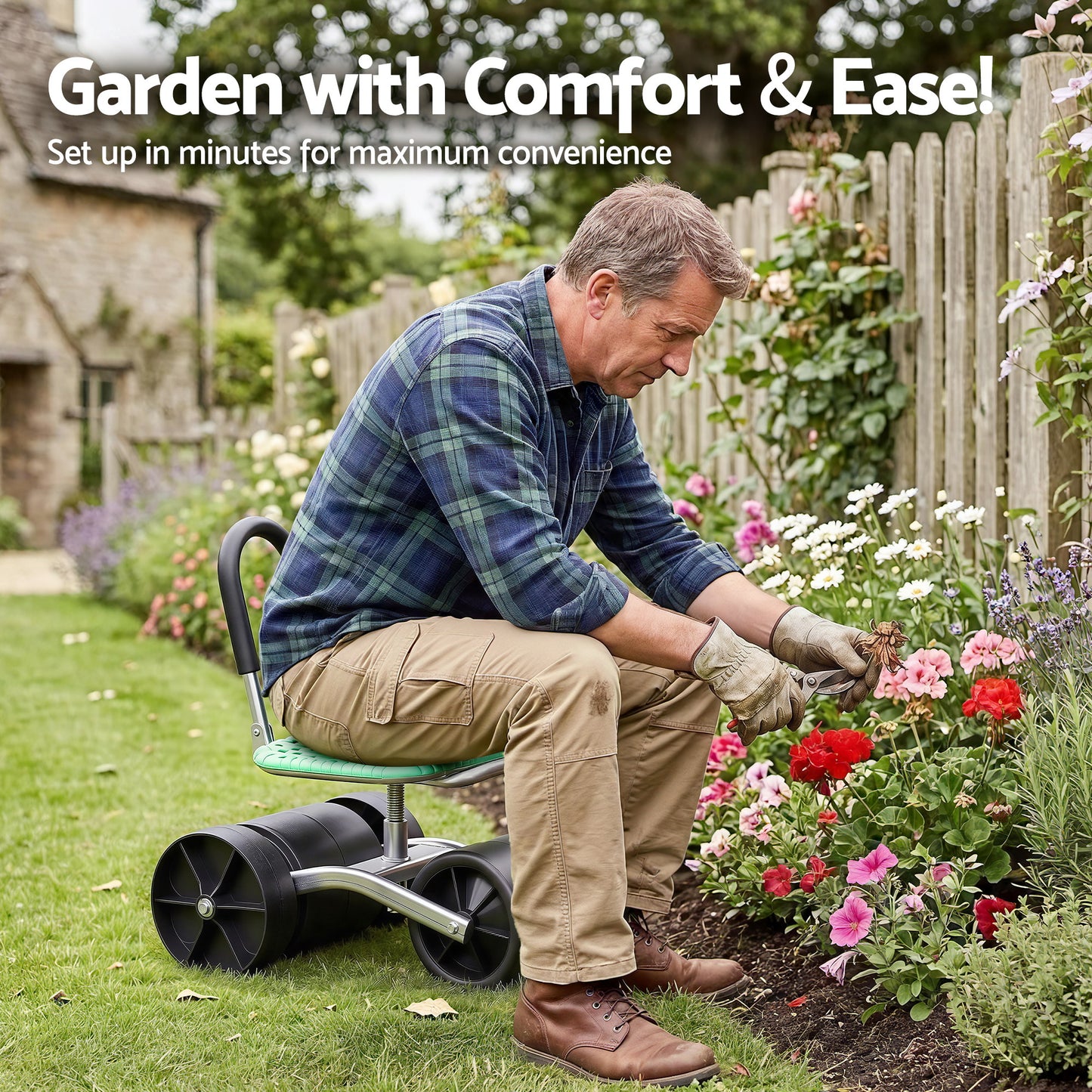 Gardeon Gardening Cart with 360Ã‚Â° Swivel Seat | Rolling Work Seat with Adjustable Height & All-Terrain Wheels | 130KG Capacity Heavy Duty Garden Scooter for Back Pain Relief & Vehicle Detailing | Foldable Backrest & Ventilated Seat, Green