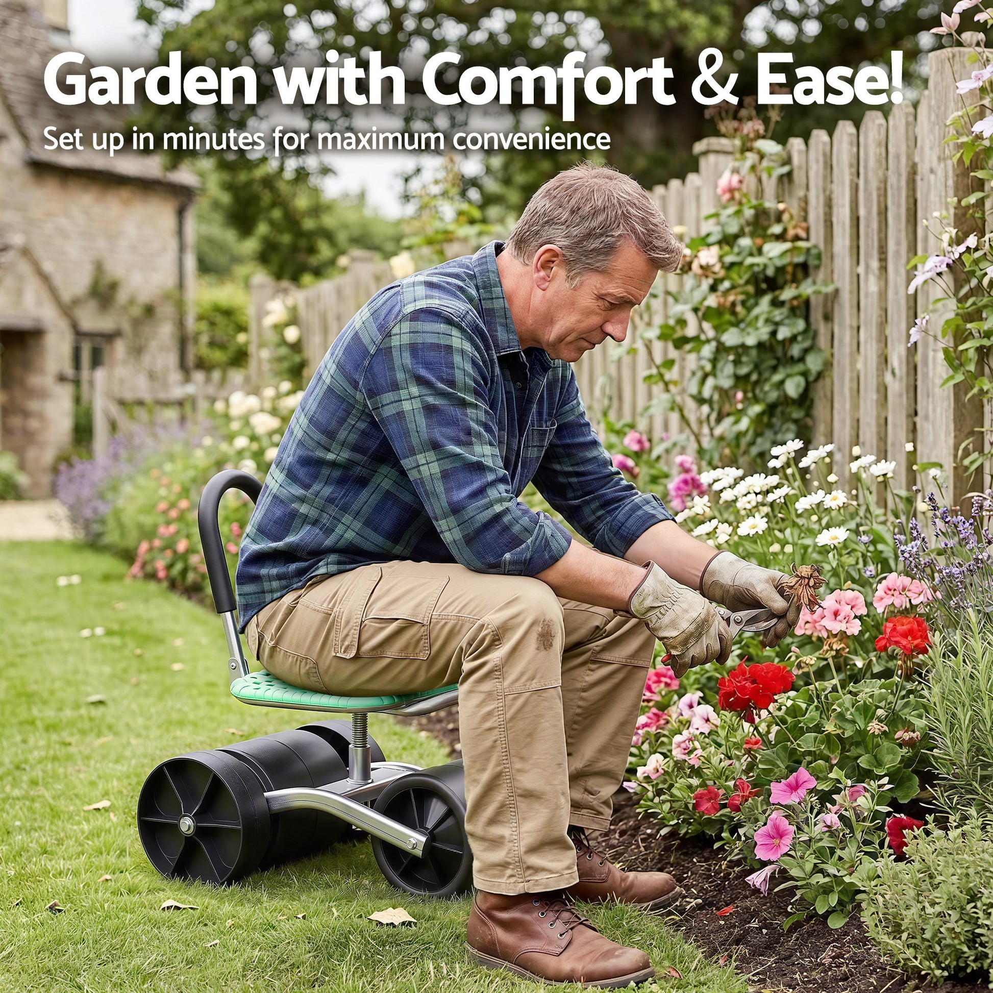 Gardeon Gardening Cart with 360Ã‚Â° Swivel Seat | Rolling Work Seat with Adjustable Height & All-Terrain Wheels | 130KG Capacity Heavy Duty Garden Scooter for Back Pain Relief & Vehicle Detailing | Foldable Backrest & Ventilated Seat, Green