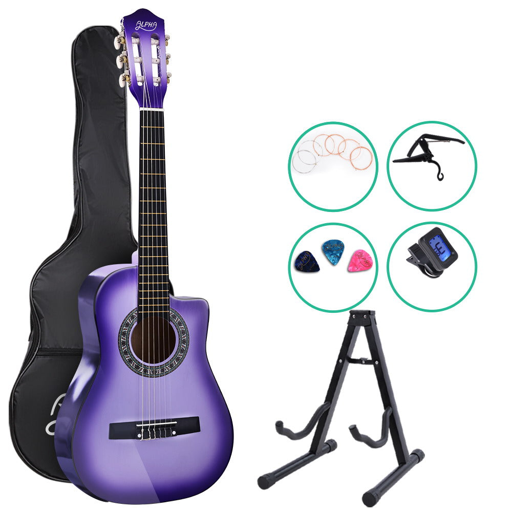 Alpha 34 Inch Acoustic Guitar Wooden Body Steel String w/ Stand Beignner Purple