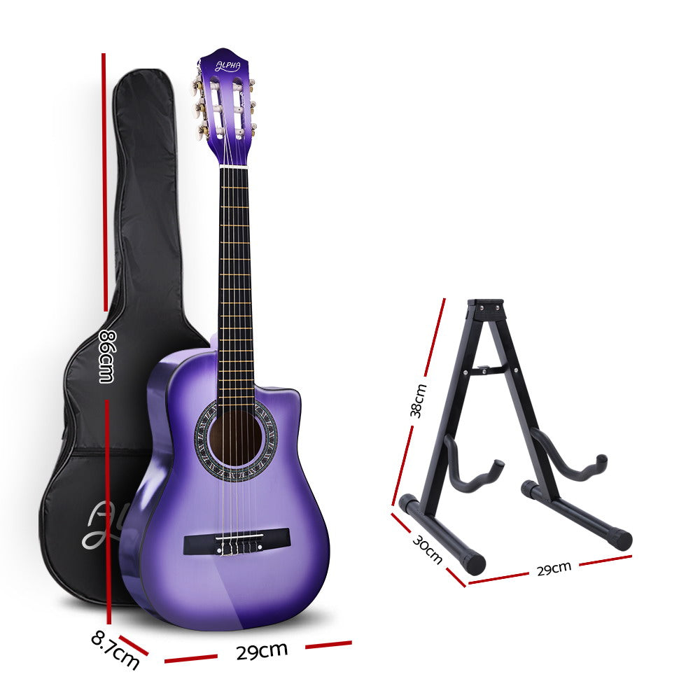 Alpha 34 Inch Acoustic Guitar Wooden Body Steel String w/ Stand Beignner Purple