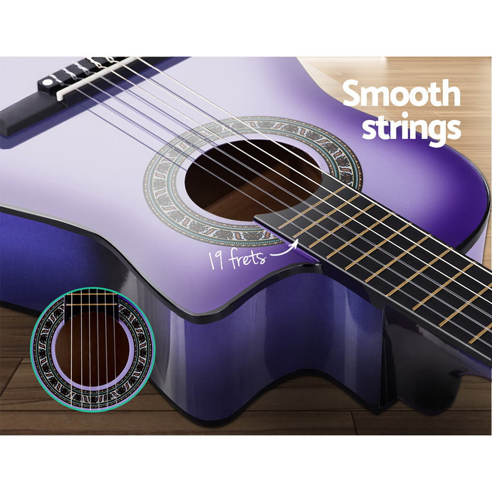 Alpha 34 Inch Acoustic Guitar Wooden Body Steel String w/ Stand Beignner Purple