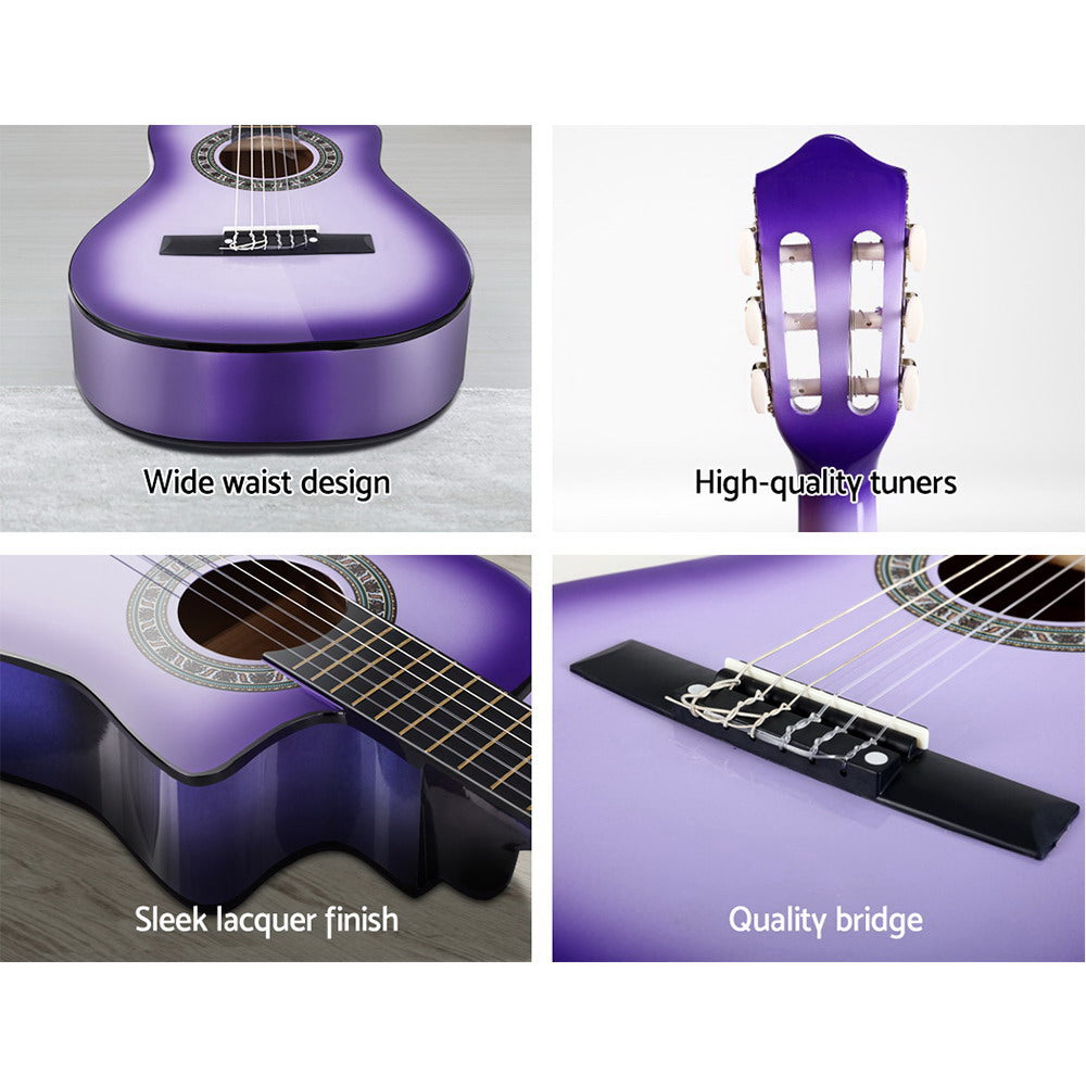 Alpha 34 Inch Acoustic Guitar Wooden Body Steel String w/ Stand Beignner Purple