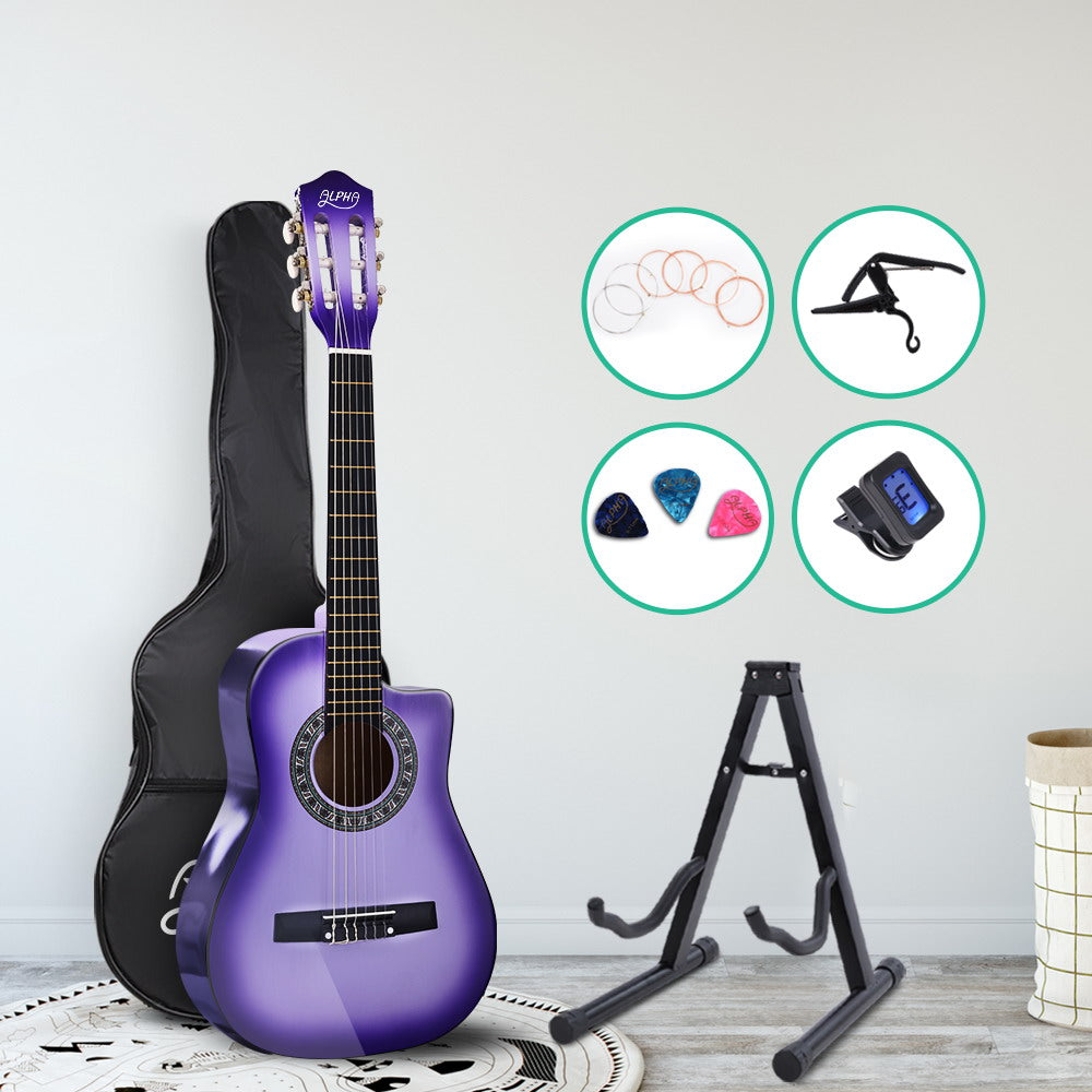 Alpha 34 Inch Acoustic Guitar Wooden Body Steel String w/ Stand Beignner Purple