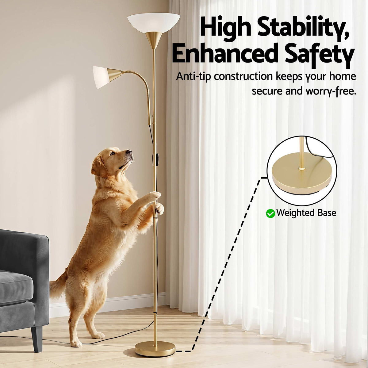 Artiss Gold Floor Lamp with Reading Light | Mother and Child Standing Lamp with 360 Flexible Gooseneck, Individual Switch & Plate Shade, E27 & E14 Bulb (Not Included) Home Living Room Office Reading