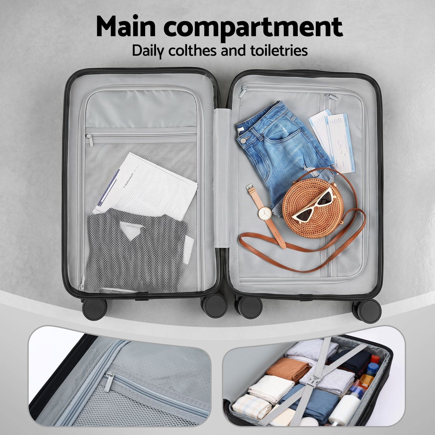 Wanderlite 20" Luggage Suitcase Front Pocket Travel Carry On TSA Black