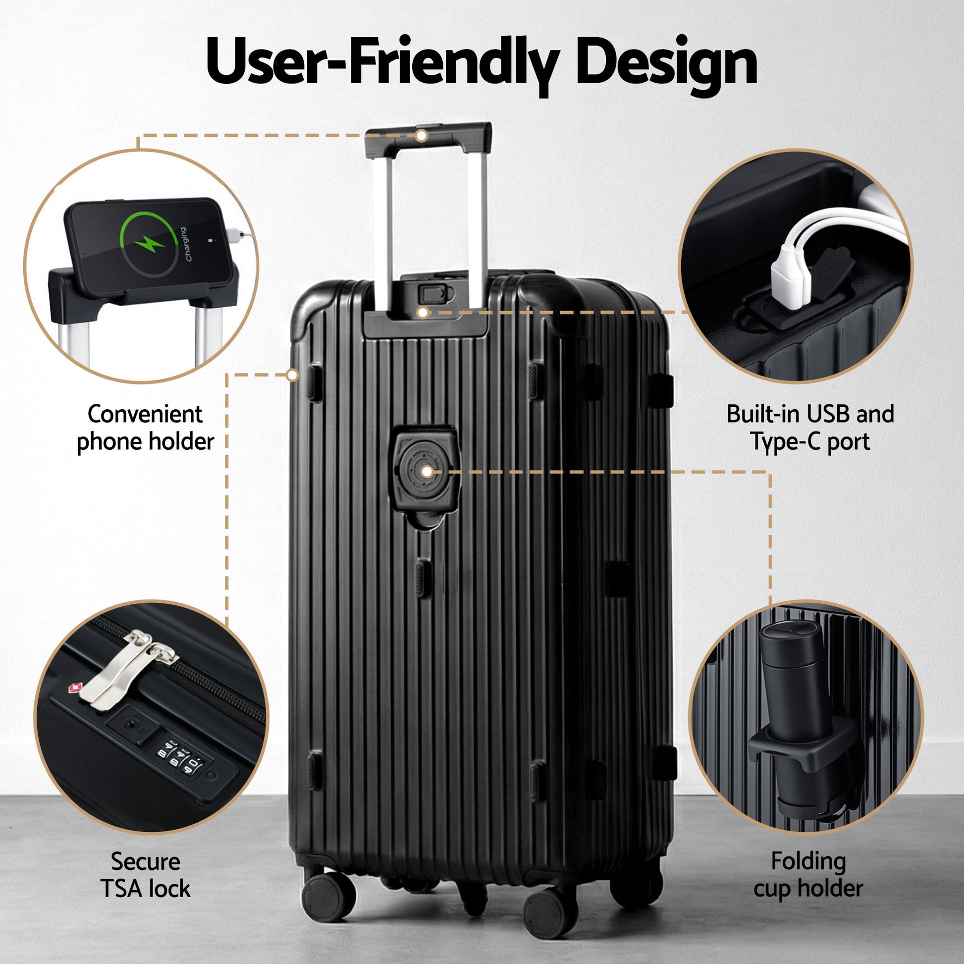 Wanderlite 28" Trunk Luggage Suitcase Travel 5 Wheels Type-C Port TSA Black