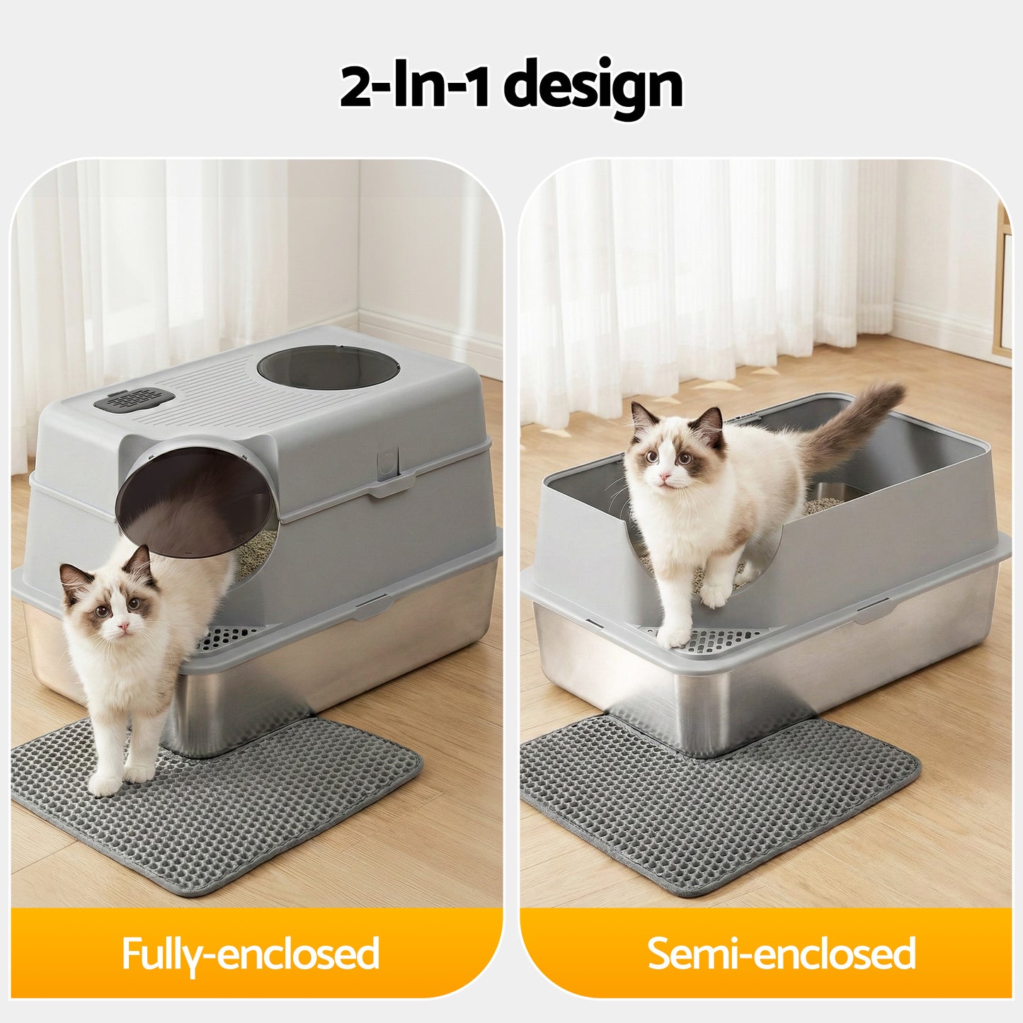 i.Pet Cat Litter Box Large Stainless Steel High Sided Pet Toilet Odour Control