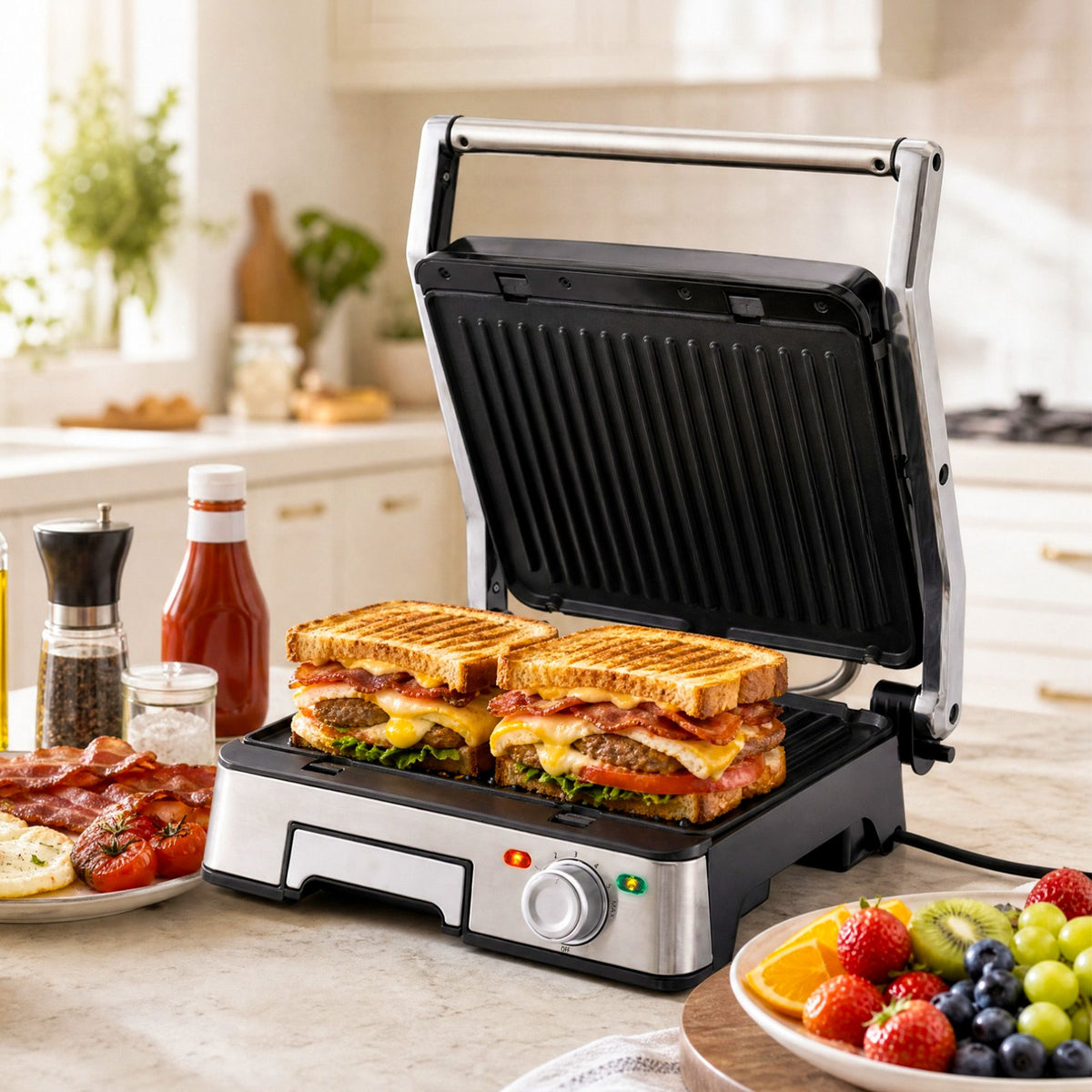 Devanti 2000W 3-in-1 Panini Press Grill Sandwich Maker 180Â° Open 4 Slice