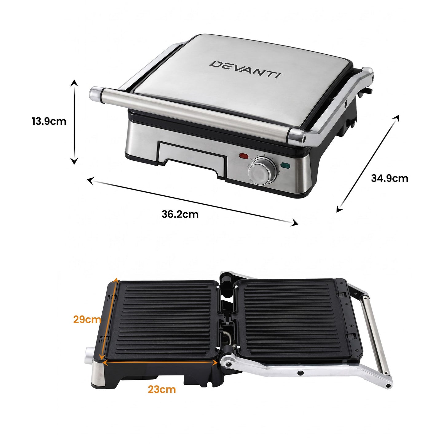 Devanti 2000W 3-in-1 Panini Press Grill Sandwich Maker 180Â° Open 4 Slice