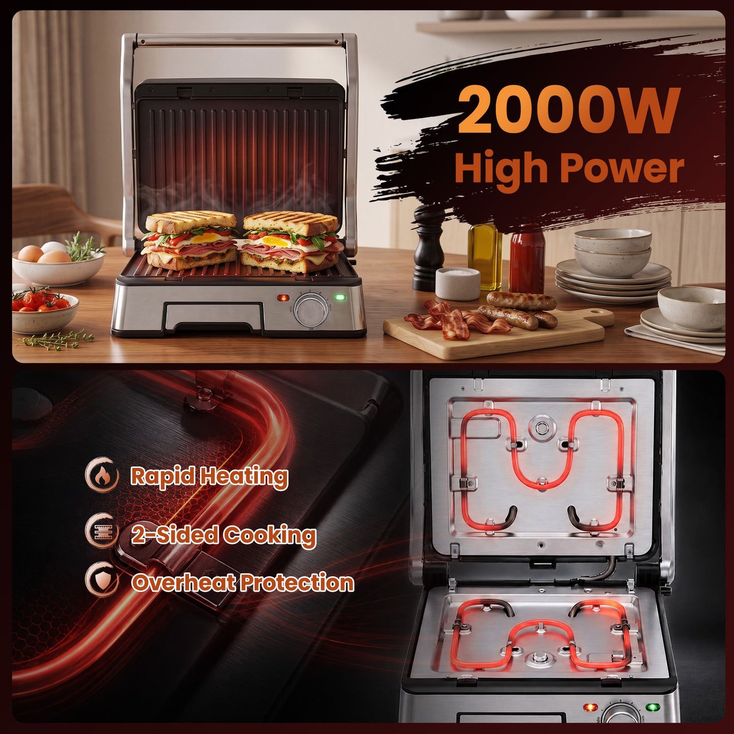 Devanti 2000W 3-in-1 Panini Press Grill Sandwich Maker 180Â° Open 4 Slice