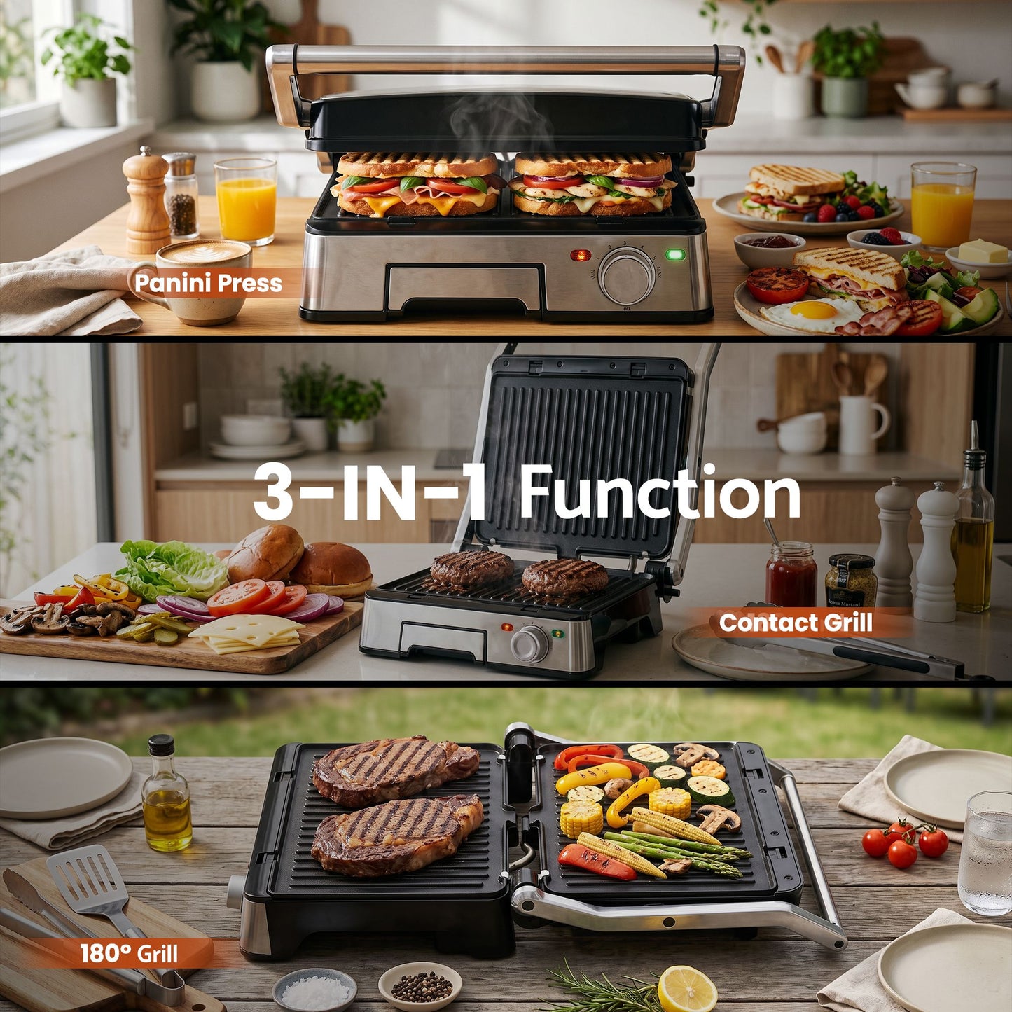 Devanti 2000W 3-in-1 Panini Press Grill Sandwich Maker 180Â° Open 4 Slice