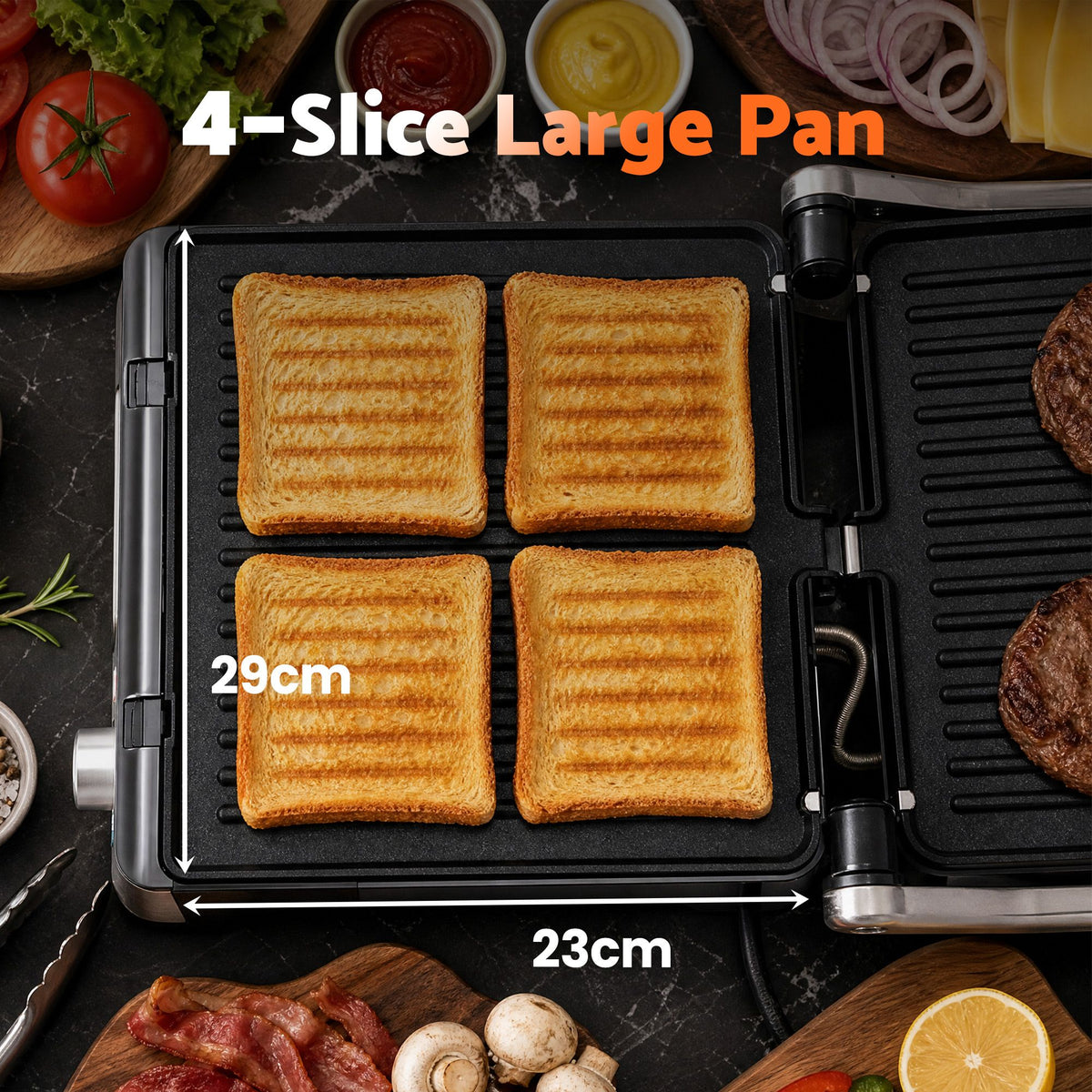 Devanti 2000W 3-in-1 Panini Press Grill Sandwich Maker 180Â° Open 4 Slice
