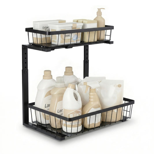 Artiss Under Sink Organizer Storage with 2 Slide Out Drawers 5 Adjustable Height Bathroom Kitchen Cabinet Black