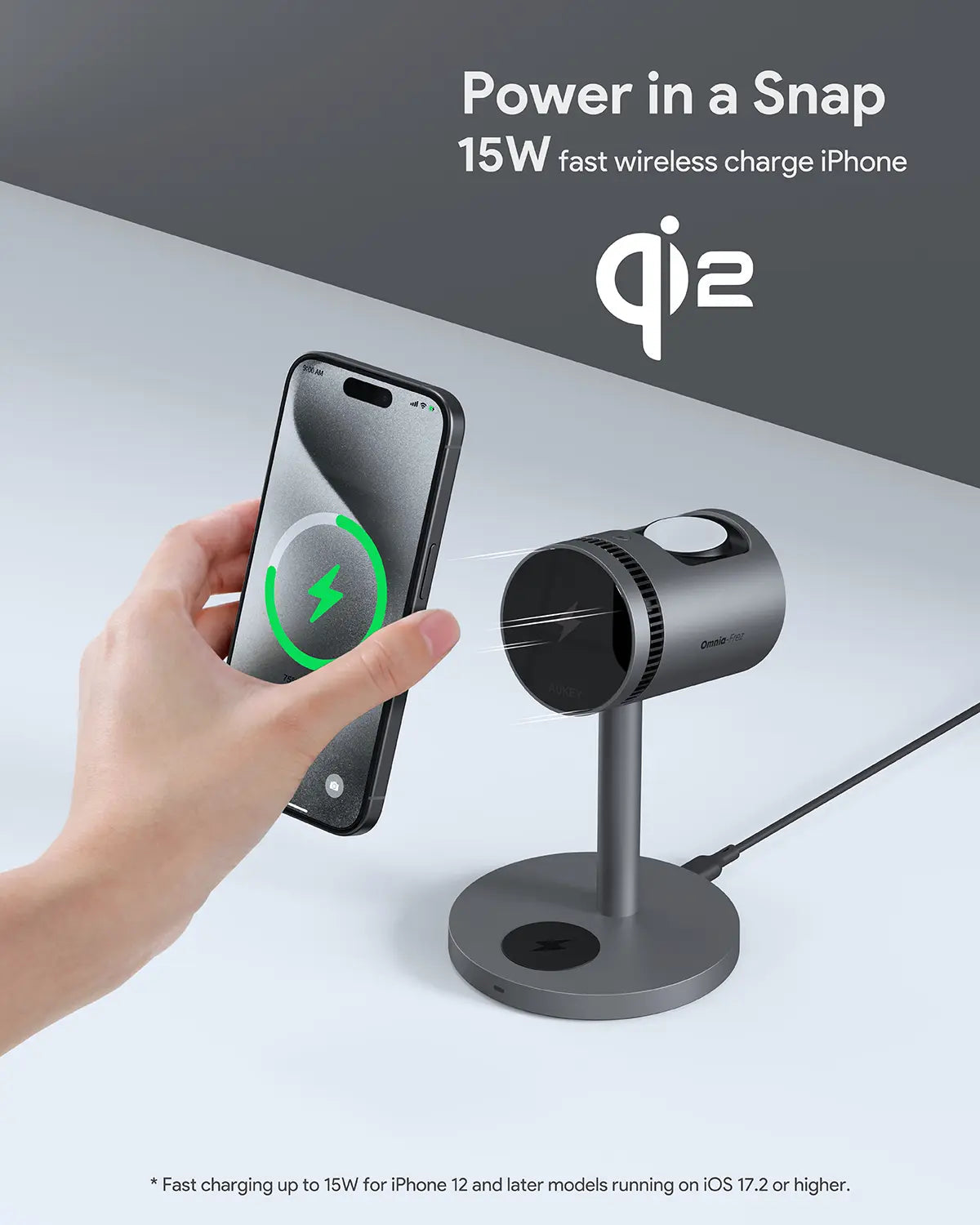 Aukey MagFusion 3-in-1 Pro Qi2 Magnetic Fast Wireless Charging Station with Active Cooling (LC-MC311A)