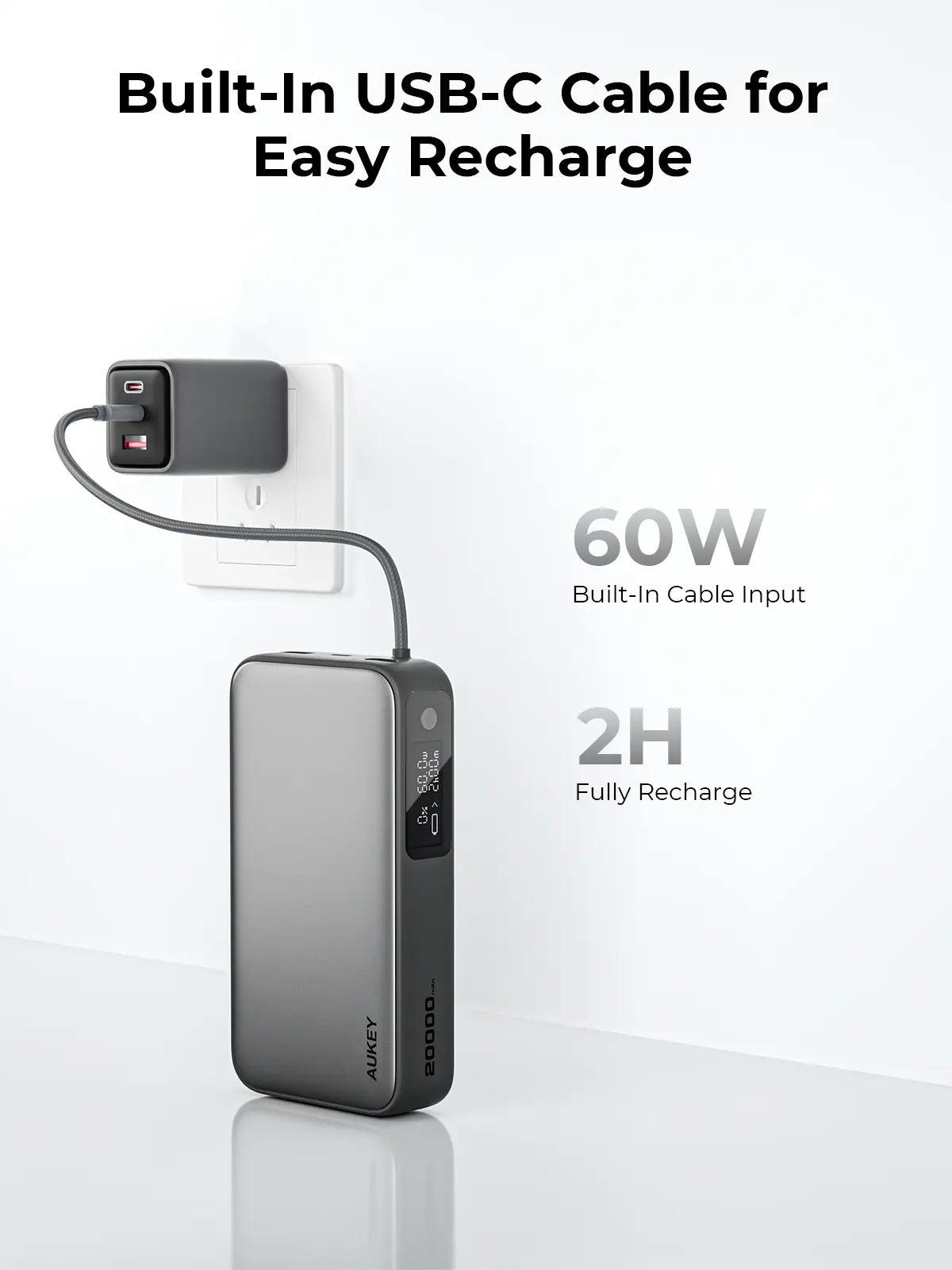 Aukey Spark Sling 20000 Compact Fast Charging Power Bank with Built-in USB-C Cable (PB-Y48)