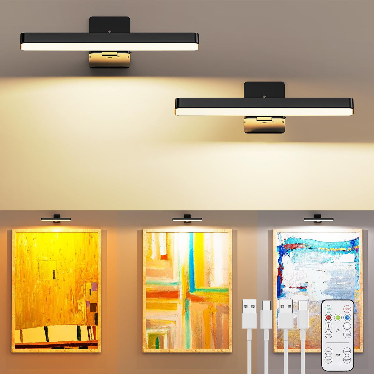 Rechargeable LED Picture Light, Black Cordless Wall Light with Remote Control, 3 Colour Temperatures, 10 Brightness Levels, 180Â° Adjustable Head, Timer, USB-C Charging 2 Pack Black