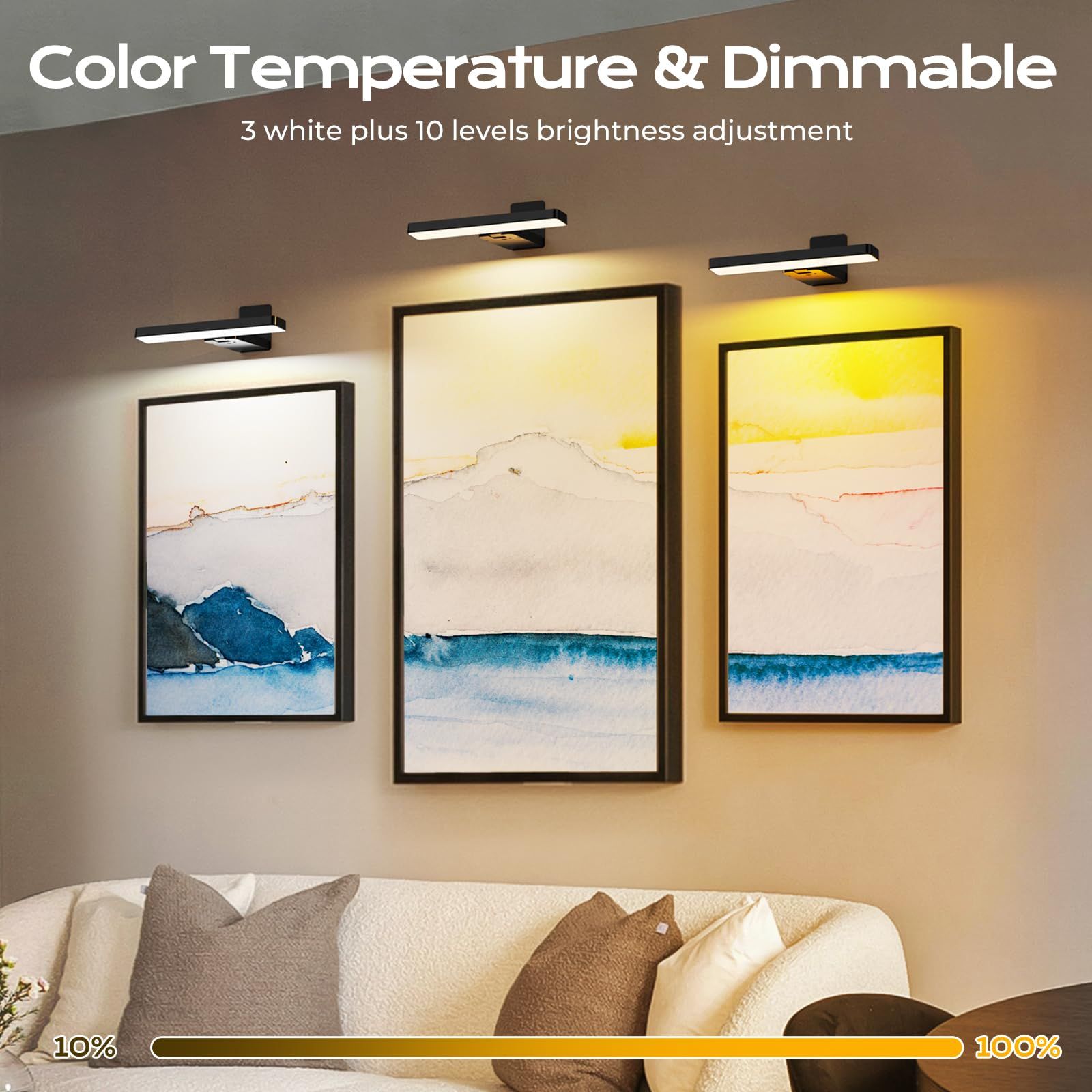 Rechargeable LED Picture Light, Black Cordless Wall Light with Remote Control, 3 Colour Temperatures, 10 Brightness Levels, 180Â° Adjustable Head, Timer, USB-C Charging 2 Pack Black