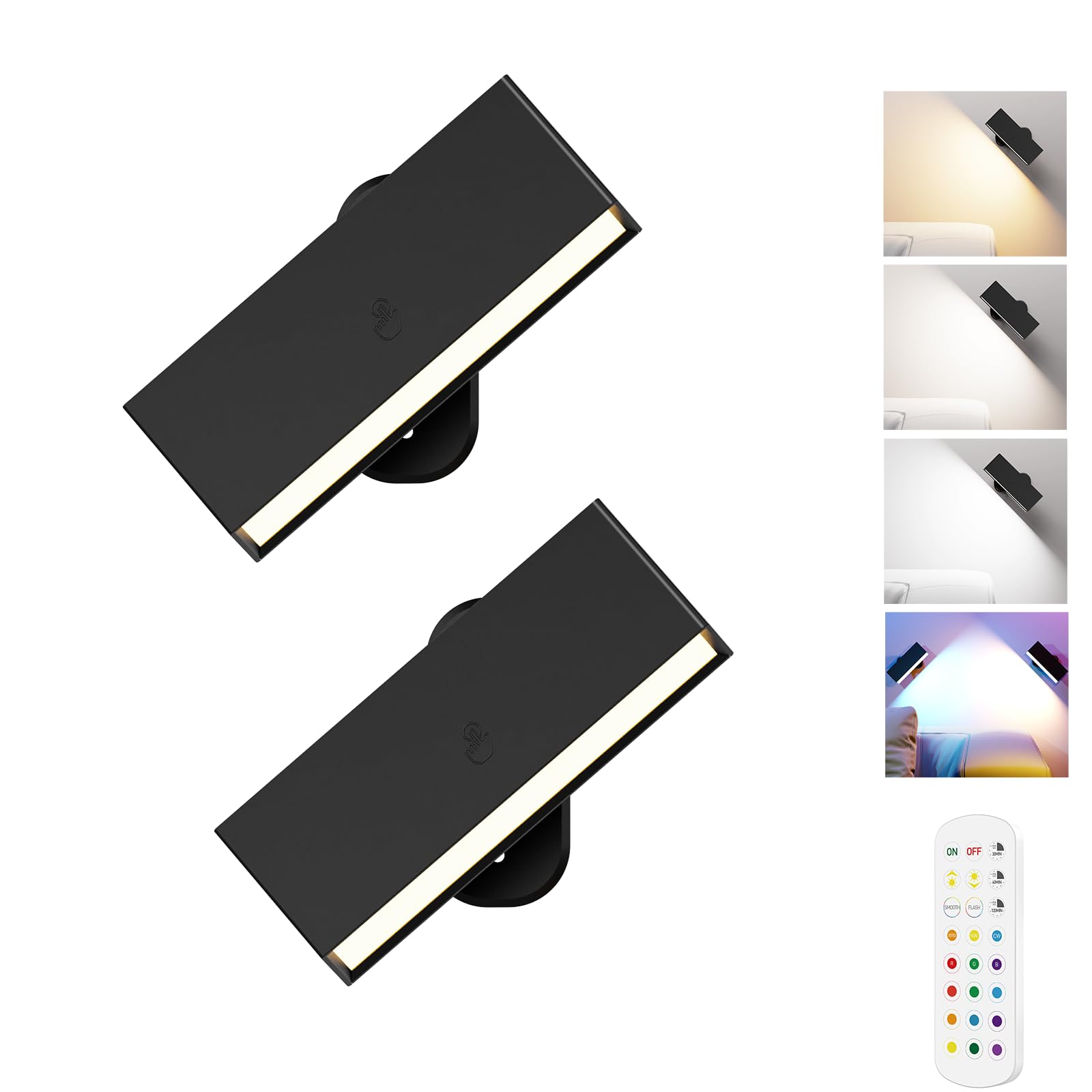 LED Wall Lights 2 Pack with Remote,Wall Sconces Lamp 3000mAh Rechargeable Battery Operated,3 Color Temperatures & 12 RGB Dimmable Magnetic 360Ãƒâ€šÃ‚Â° Rotation Cordless Light (Black)