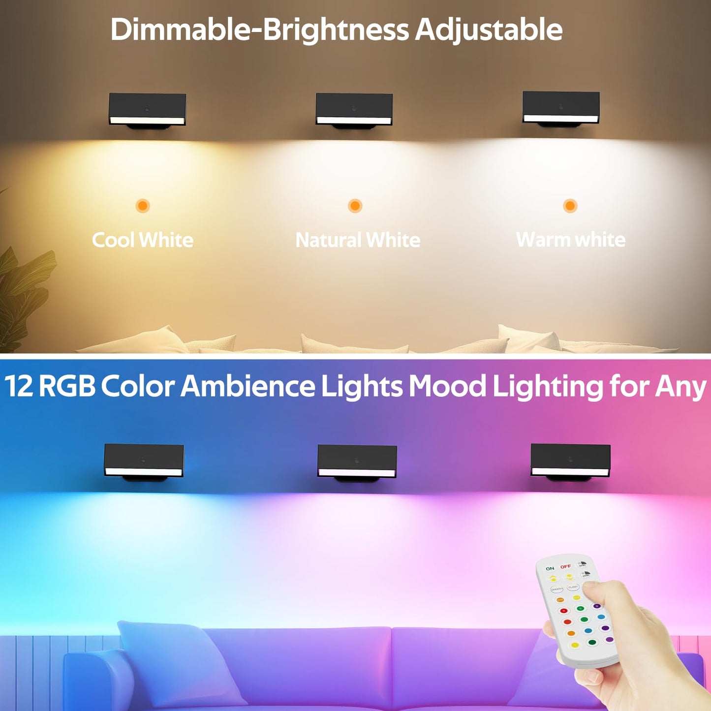 LED Wall Lights 2 Pack with Remote,Wall Sconces Lamp 3000mAh Rechargeable Battery Operated,3 Color Temperatures & 12 RGB Dimmable Magnetic 360Ãƒâ€šÃ‚Â° Rotation Cordless Light (Black)
