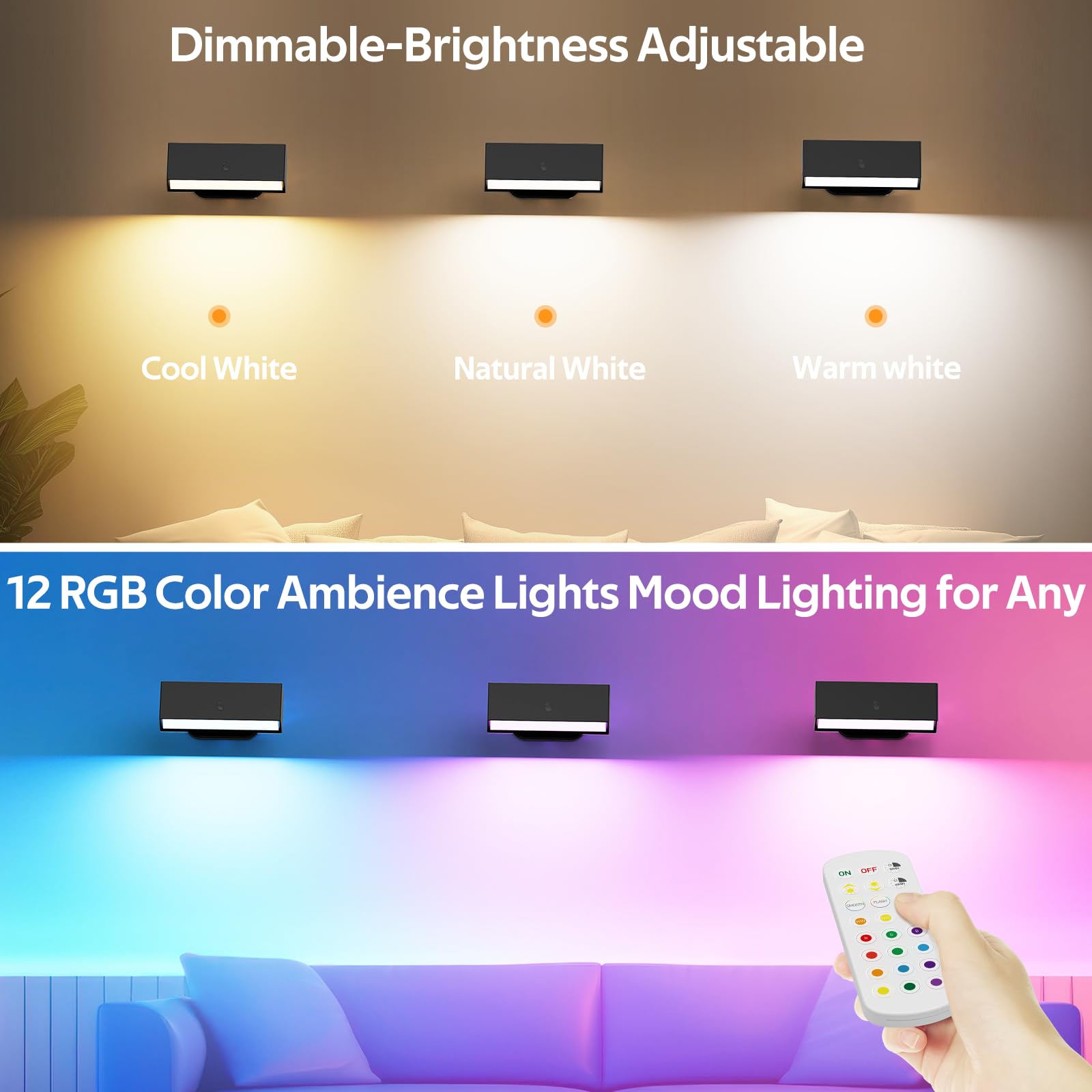 LED Wall Lights 2 Pack with Remote,Wall Sconces Lamp 3000mAh Rechargeable Battery Operated,3 Color Temperatures & 12 RGB Dimmable Magnetic 360Ãƒâ€šÃ‚Â° Rotation Cordless Light (Black)