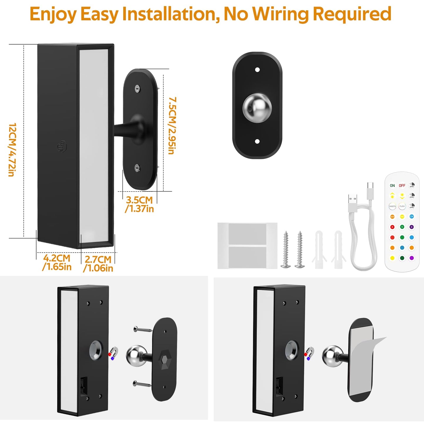 LED Wall Lights 2 Pack with Remote,Wall Sconces Lamp 3000mAh Rechargeable Battery Operated,3 Color Temperatures & 12 RGB Dimmable Magnetic 360Ãƒâ€šÃ‚Â° Rotation Cordless Light (Black)