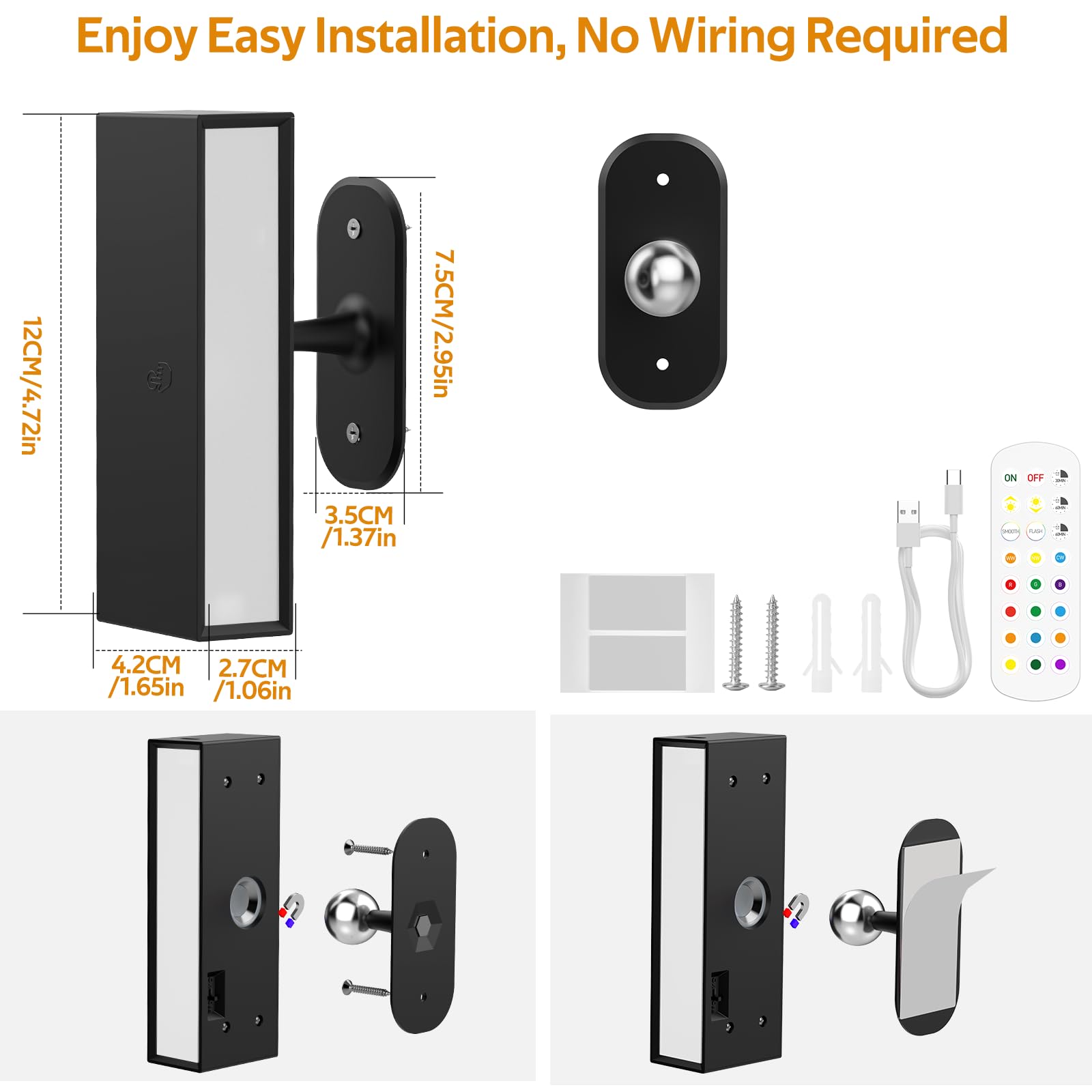 LED Wall Lights 2 Pack with Remote,Wall Sconces Lamp 3000mAh Rechargeable Battery Operated,3 Color Temperatures & 12 RGB Dimmable Magnetic 360Ãƒâ€šÃ‚Â° Rotation Cordless Light (Black)