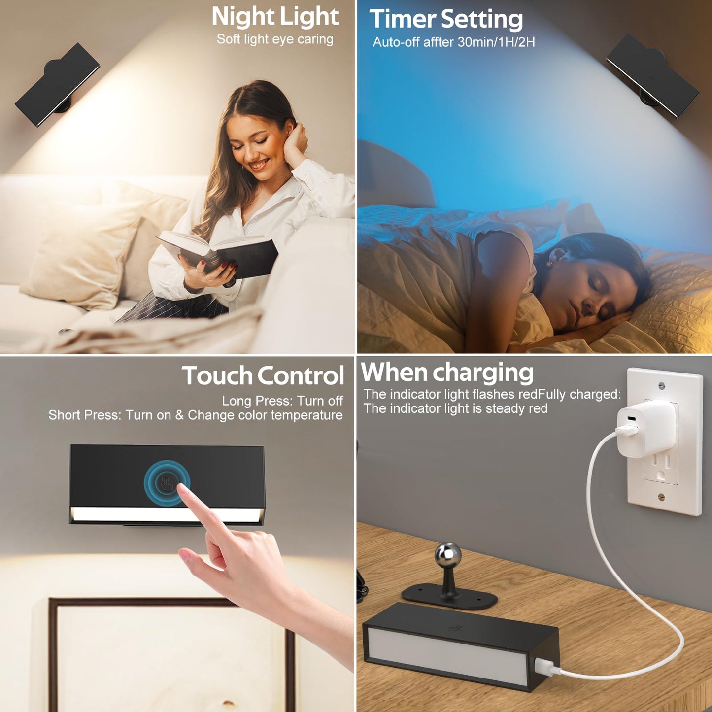 LED Wall Lights 2 Pack with Remote,Wall Sconces Lamp 3000mAh Rechargeable Battery Operated,3 Color Temperatures & 12 RGB Dimmable Magnetic 360Ãƒâ€šÃ‚Â° Rotation Cordless Light (Black)