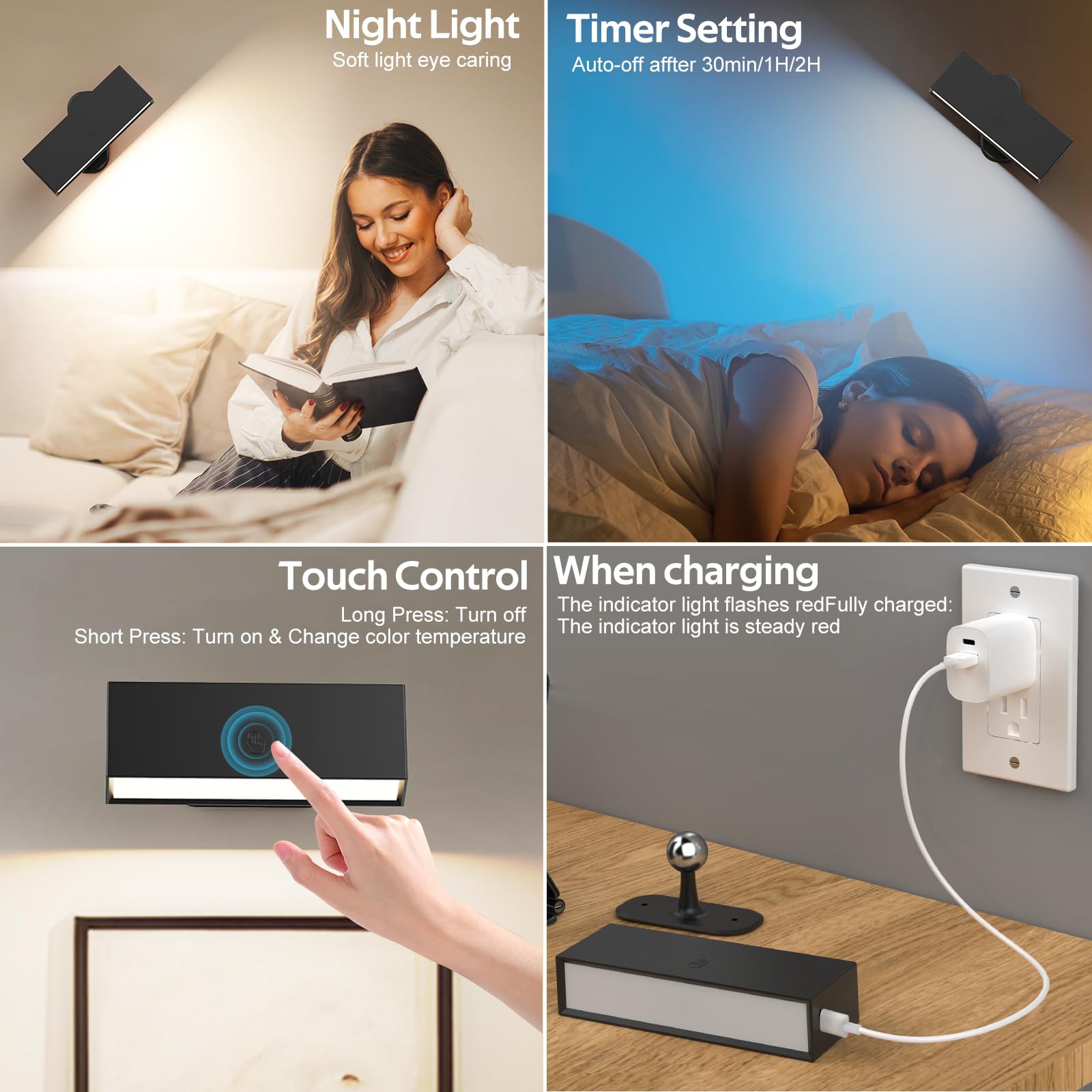 LED Wall Lights 2 Pack with Remote,Wall Sconces Lamp 3000mAh Rechargeable Battery Operated,3 Color Temperatures & 12 RGB Dimmable Magnetic 360Ãƒâ€šÃ‚Â° Rotation Cordless Light (Black)