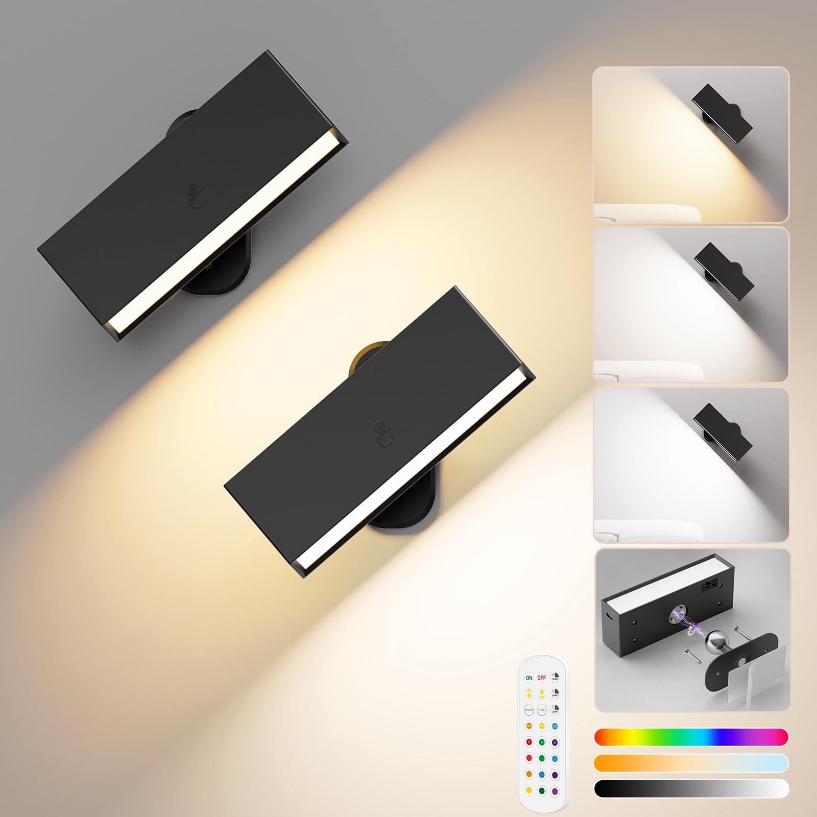 LED Wall Lights 2 Pack with Remote,Wall Sconces Lamp 3000mAh Rechargeable Battery Operated,3 Color Temperatures & 12 RGB Dimmable Magnetic 360Ãƒâ€šÃ‚Â° Rotation Cordless Light (Black)