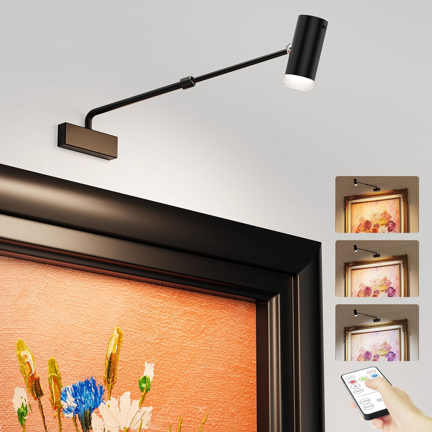 Rechargeable Picture Light with Remote Control, Adjustable Wall Sconce, 4000mAh Battery, Dimmable LED Art Light for Gallery, Bedroom & Bathroom