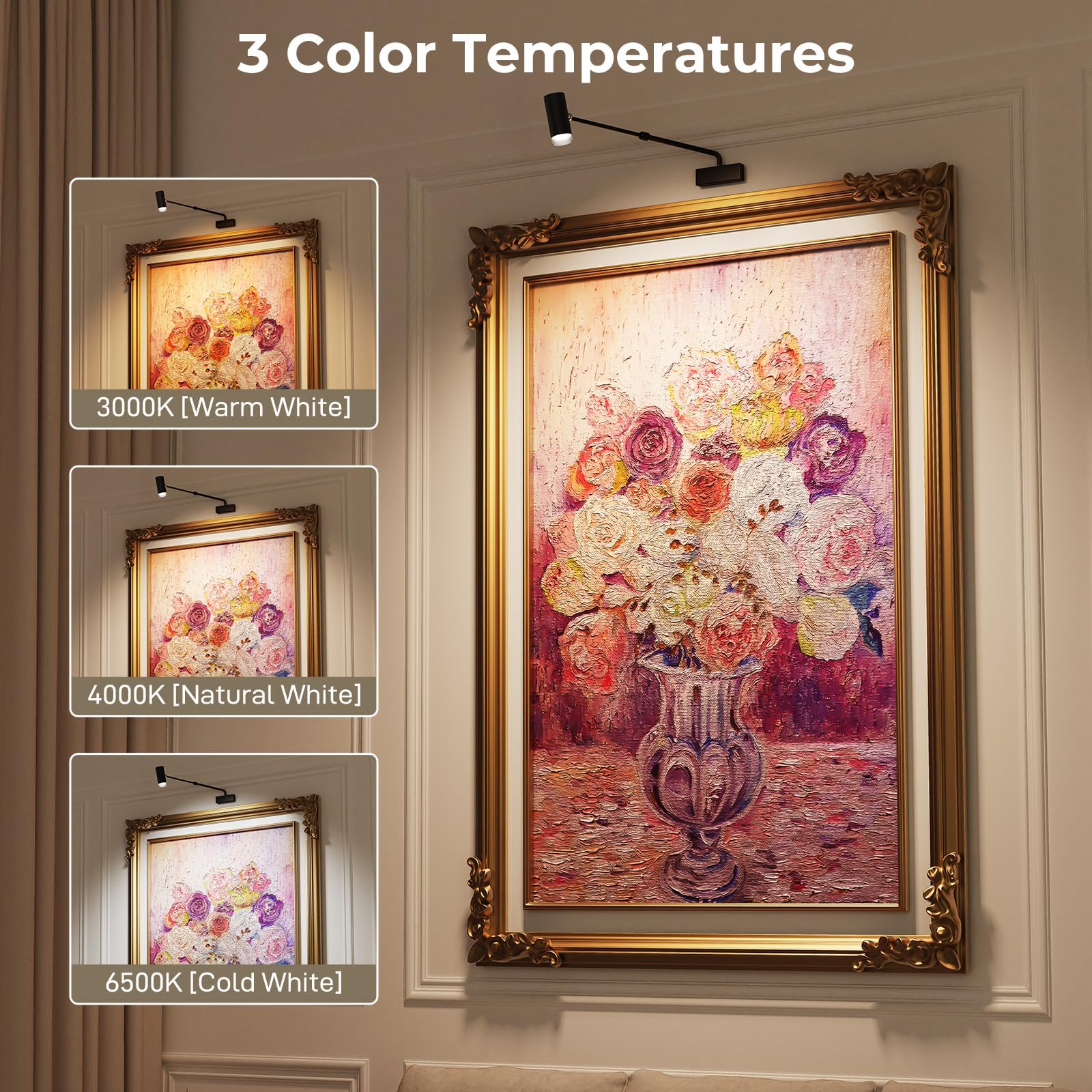 Rechargeable Picture Light with Remote Control, Adjustable Wall Sconce, 4000mAh Battery, Dimmable LED Art Light for Gallery, Bedroom & Bathroom