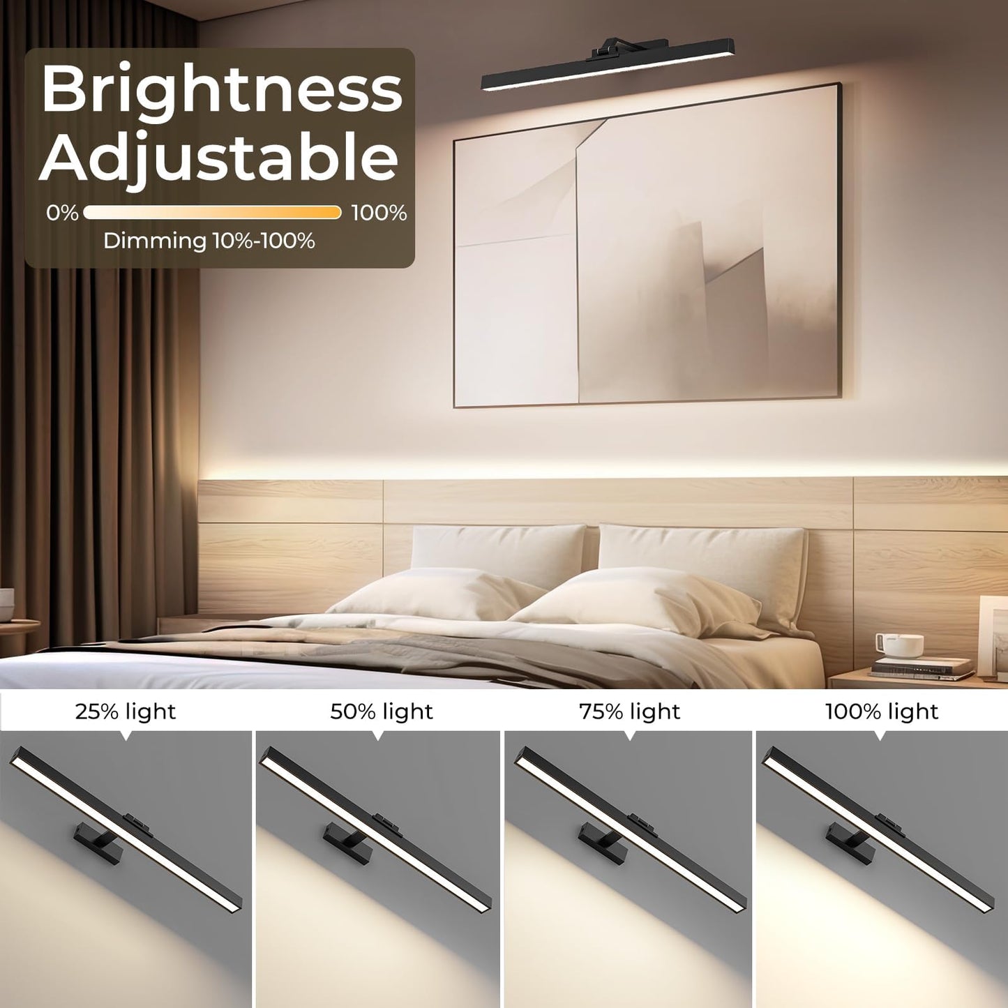 Wall Picture Light, 24in Battery-Powered Gallery Light for Artwork, CCT Dimmable Rechargeable Battery Wall Lamp with Remote Control for Living Room, Gallery, and Dartboard (Black)