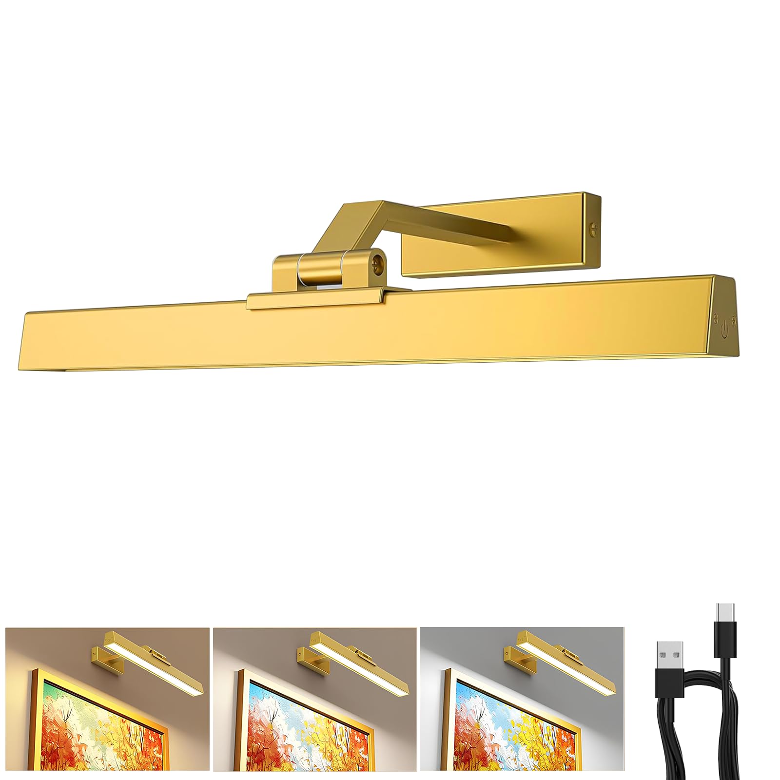 Picture Lights for Wall, Battery Operated Picture Light 16in Gallery Light for Paintings CCT Dimmable Gold