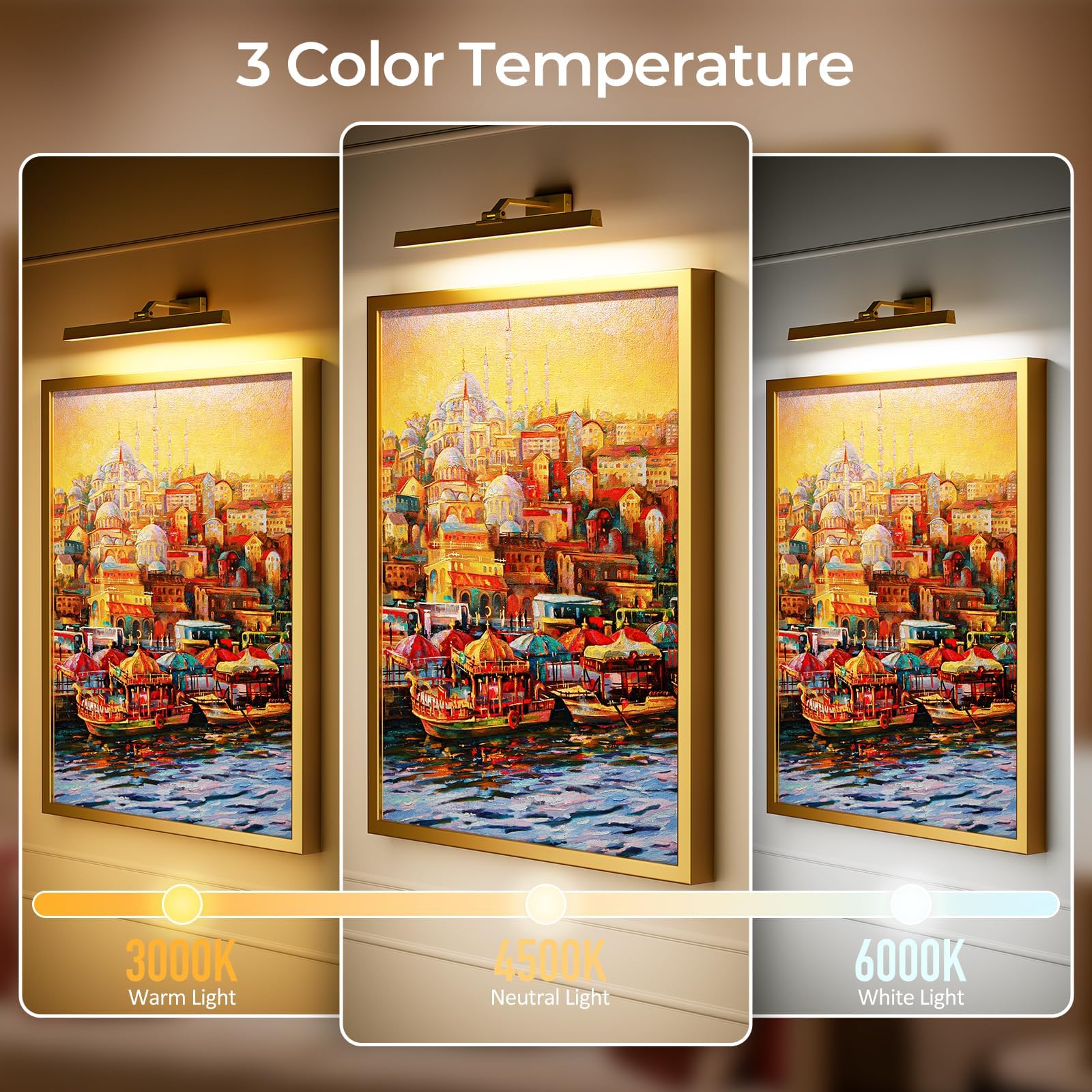 Wall Picture Light, 24in Battery-Powered Gallery Light for Artwork, CCT Dimmable Rechargeable Battery Wall Lamp with Remote Control for Living Room, Gallery, and Dartboard (Gold)