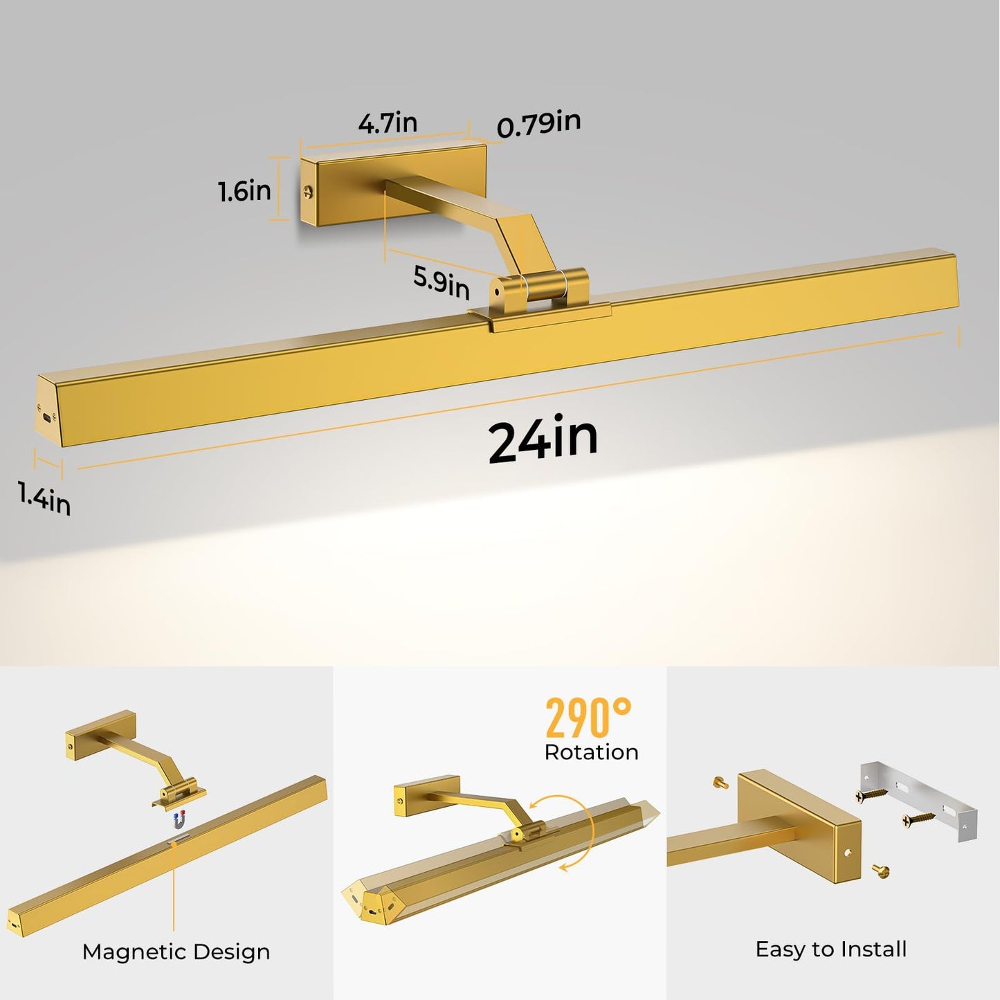 Wall Picture Light, 24in Battery-Powered Gallery Light for Artwork, CCT Dimmable Rechargeable Battery Wall Lamp with Remote Control for Living Room, Gallery, and Dartboard (Gold)