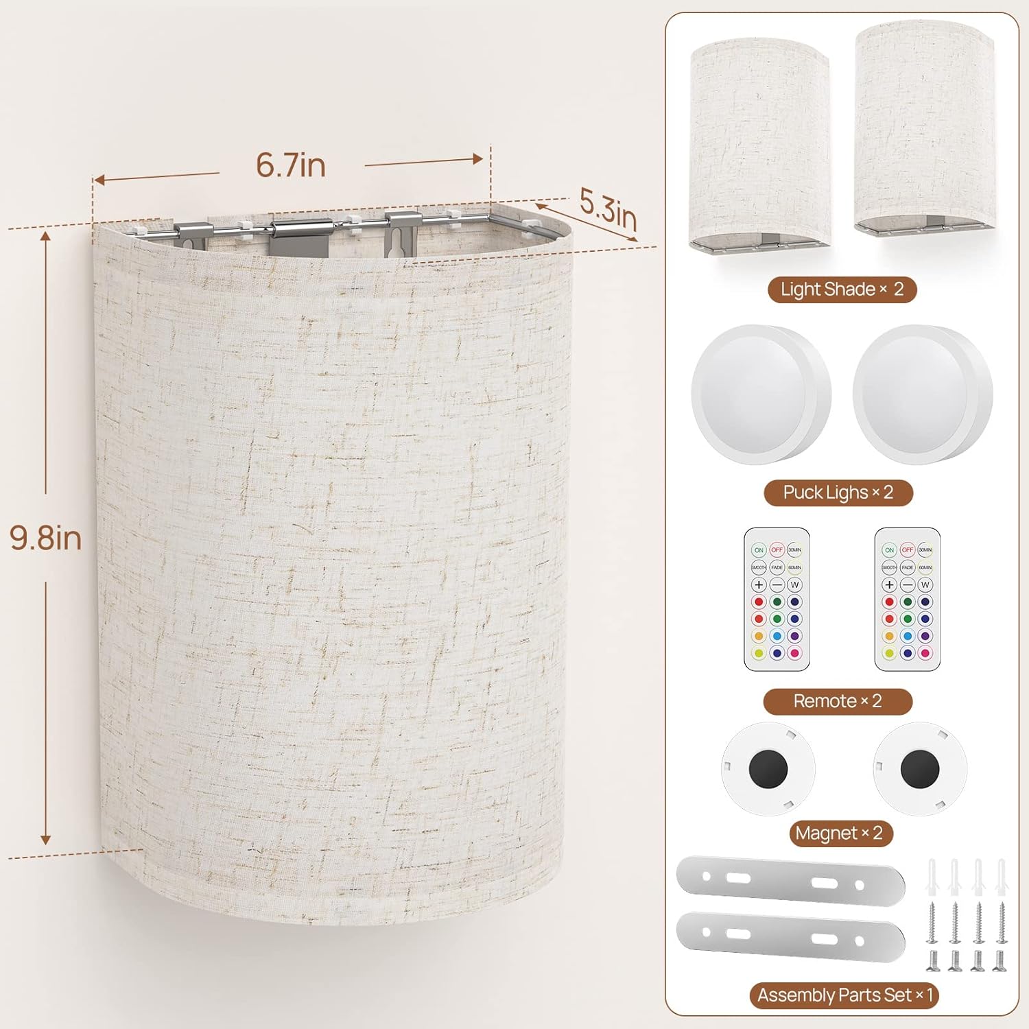 Battery Operated Wall Lights, 2 Pack Boho Decor with Remote Control, RGB Color Rustic Wall Sconces, Fabric Linen Shade Lighting