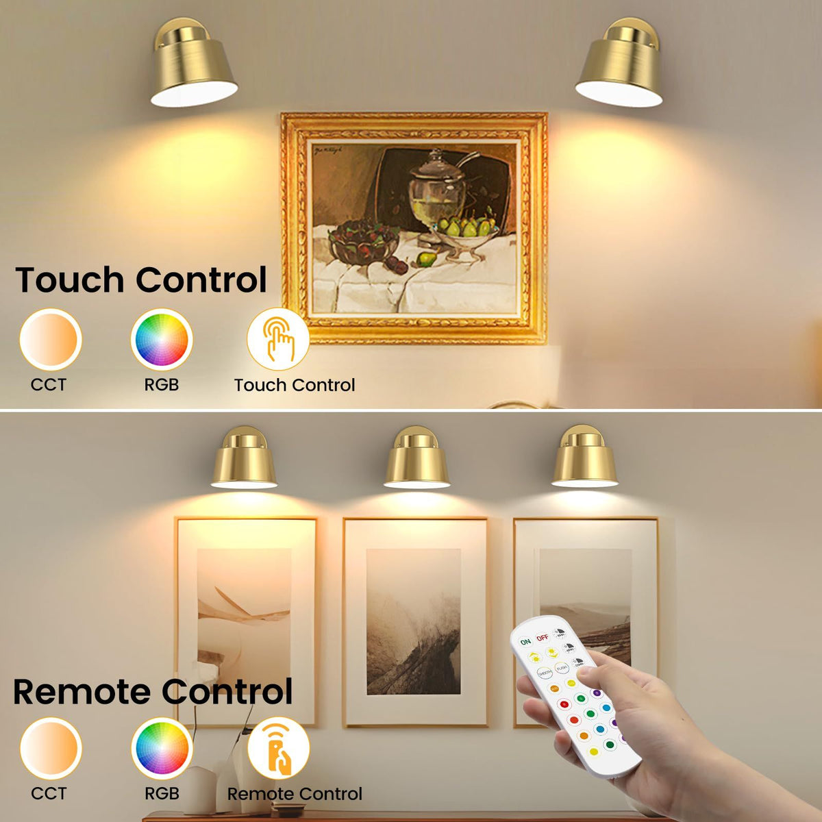 AIBOO Night Light Wireless Wall Light Indoor LED,Battery Operated Wall Lights Rechargeable Lamp with Remote,Touch Lamp Dimmable Wall Sconces Bedside Lamp for Bedroom Livingroom (Gold, 1Pack) [Energy Class E]