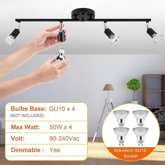 Kitchen Lights,Ceiling Lighting Kits, Swivelling Ceiling Spotlight for Bedroom, Kitchen and Living Room(GU10 LED Bulbs not Included) (4 Way Black)