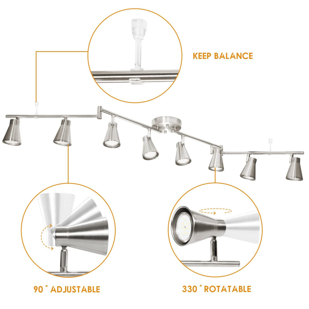 LED 8 Light Track Lighting Fixture Flexible, Adjustable Ceiling Spot Light with GU10 Track Light Head, Accent Lighting Foldable Swing Arm Brushed Nickel(Bulbs Not Included)